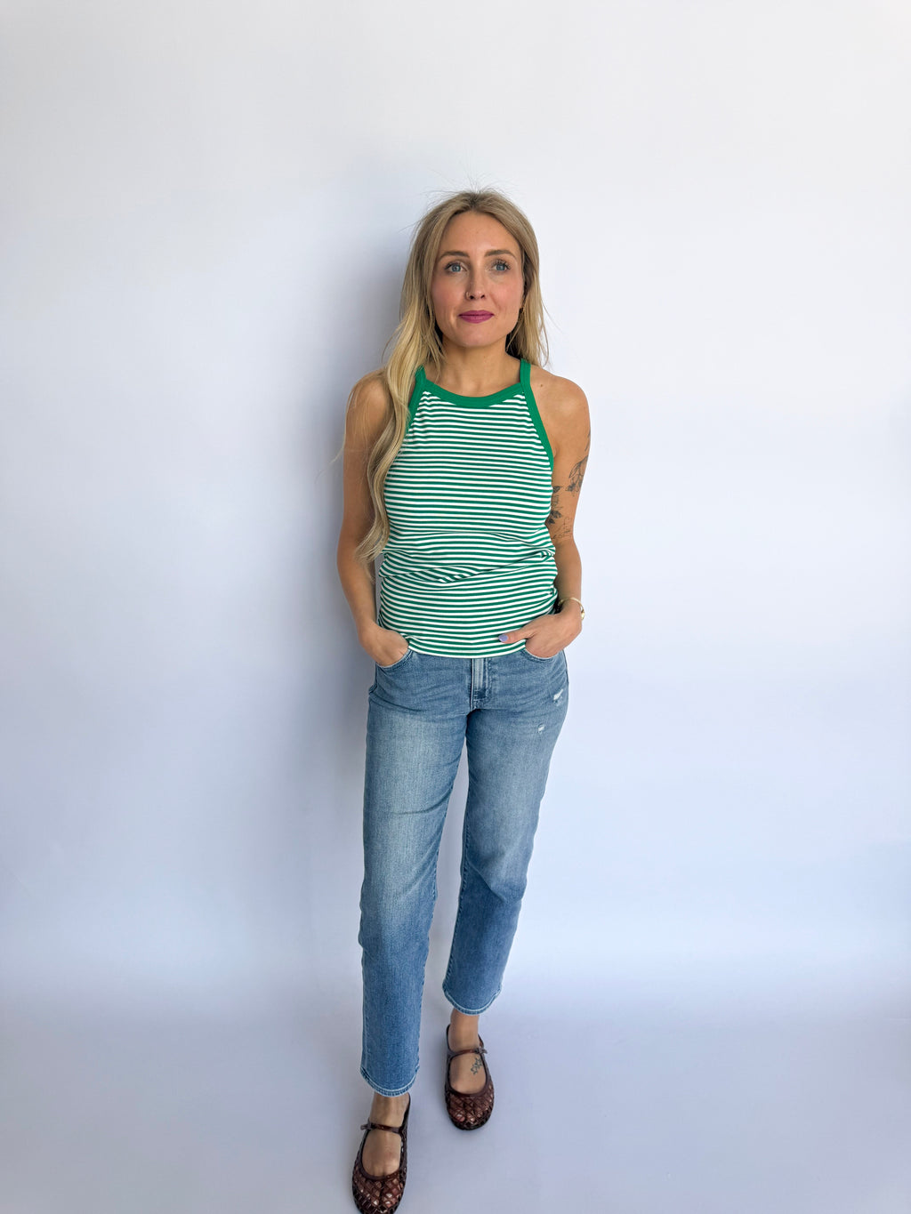 Jessika Striped Ribbed Tank in Green