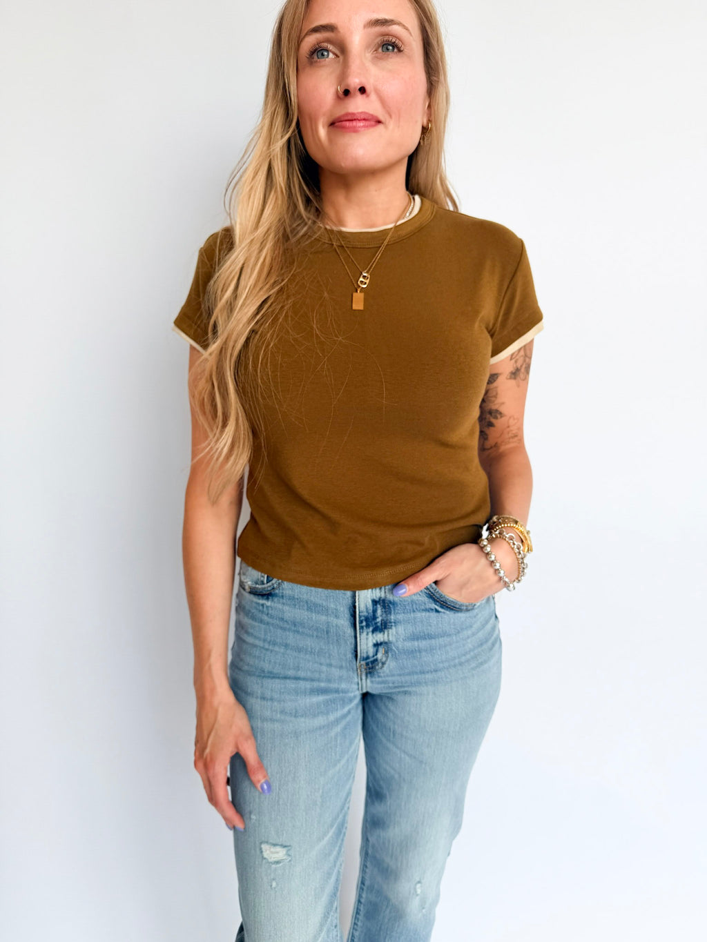 Madison Double Layered Top in Olive + Beige