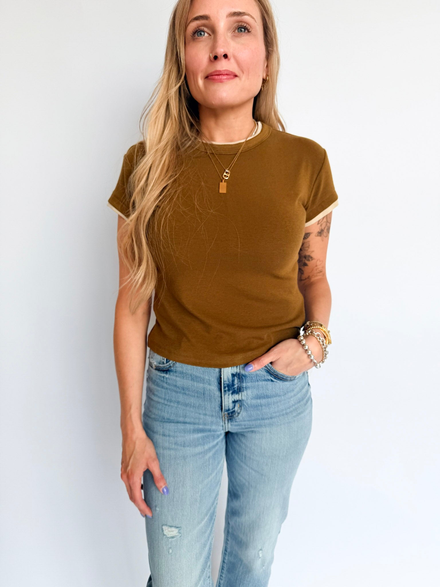 Madison Double Layered Top in Olive + Beige