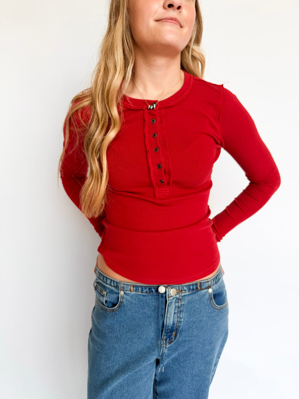Ellie Long Sleeve Henley in Dark Red