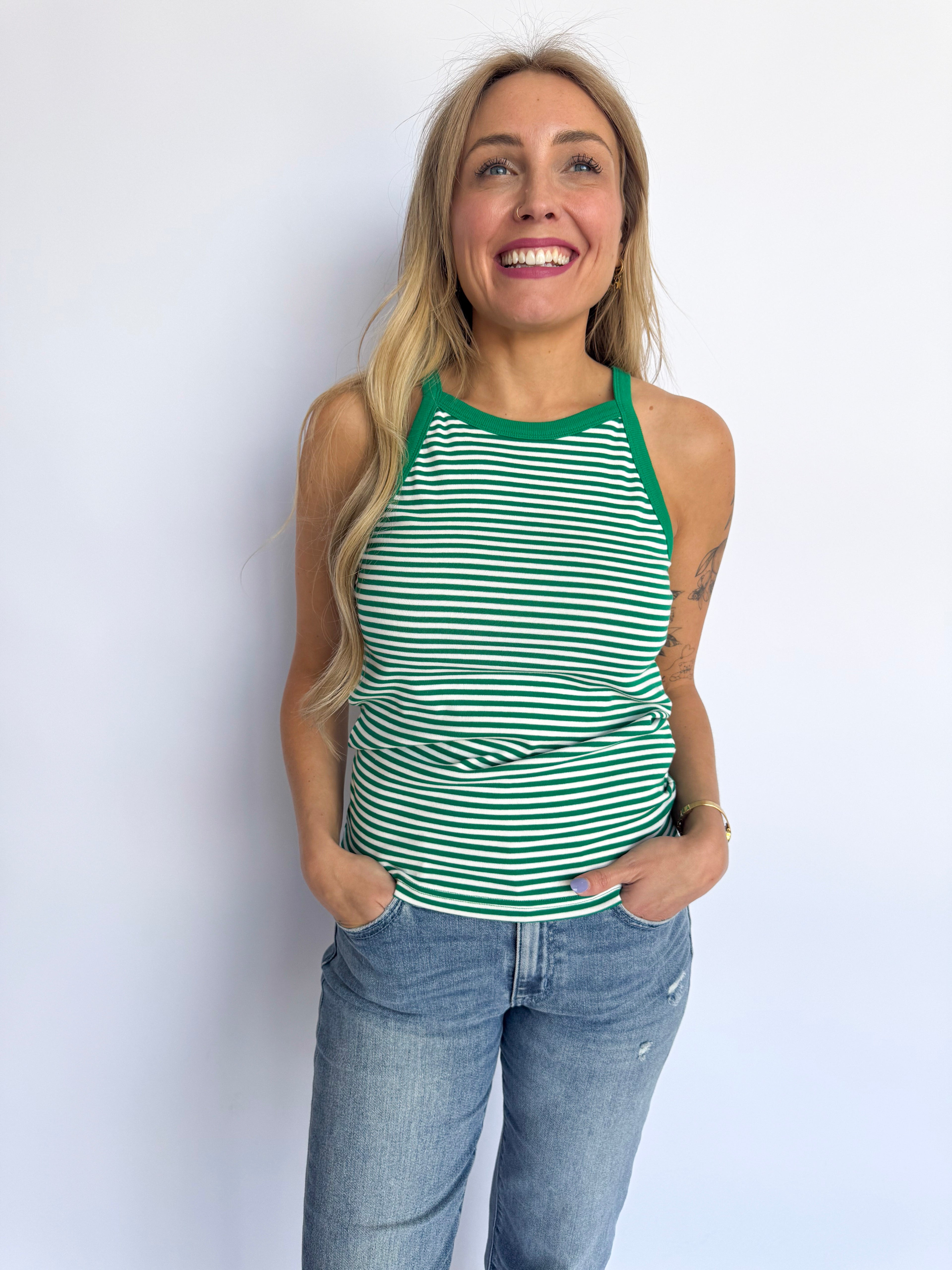 Jessika Striped Ribbed Tank in Green