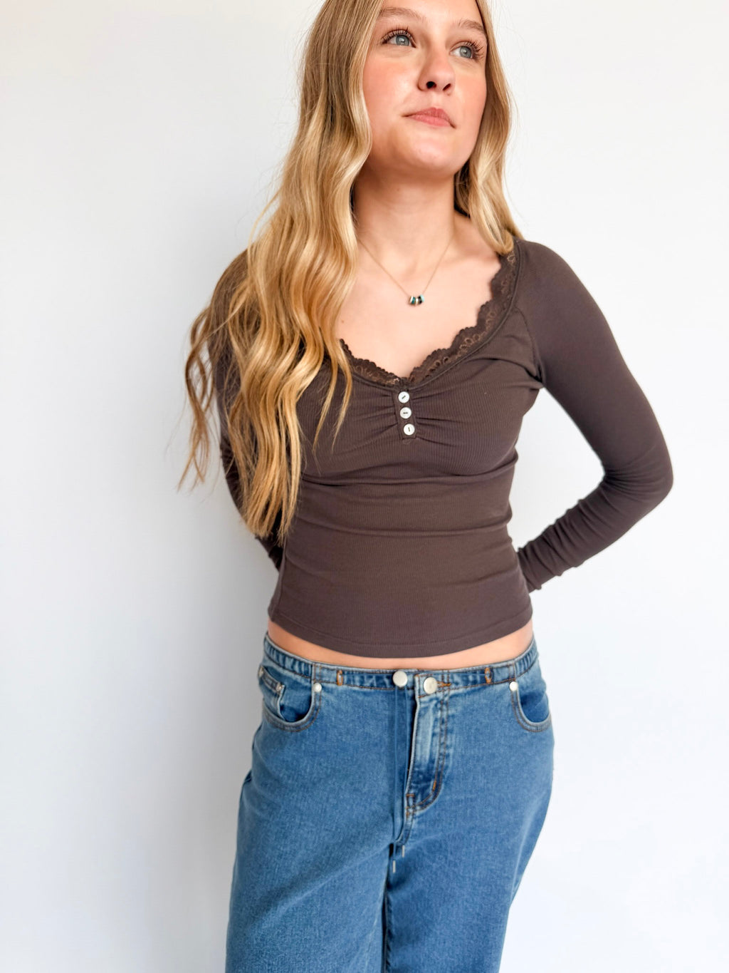 Leilani Lace Trim Henley in Charcoal