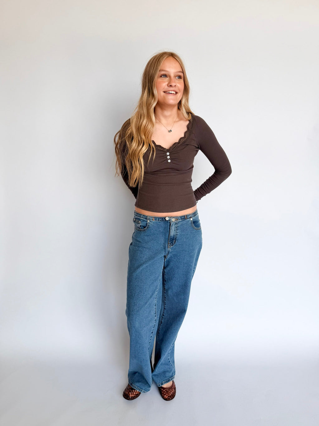Leilani Lace Trim Henley in Charcoal