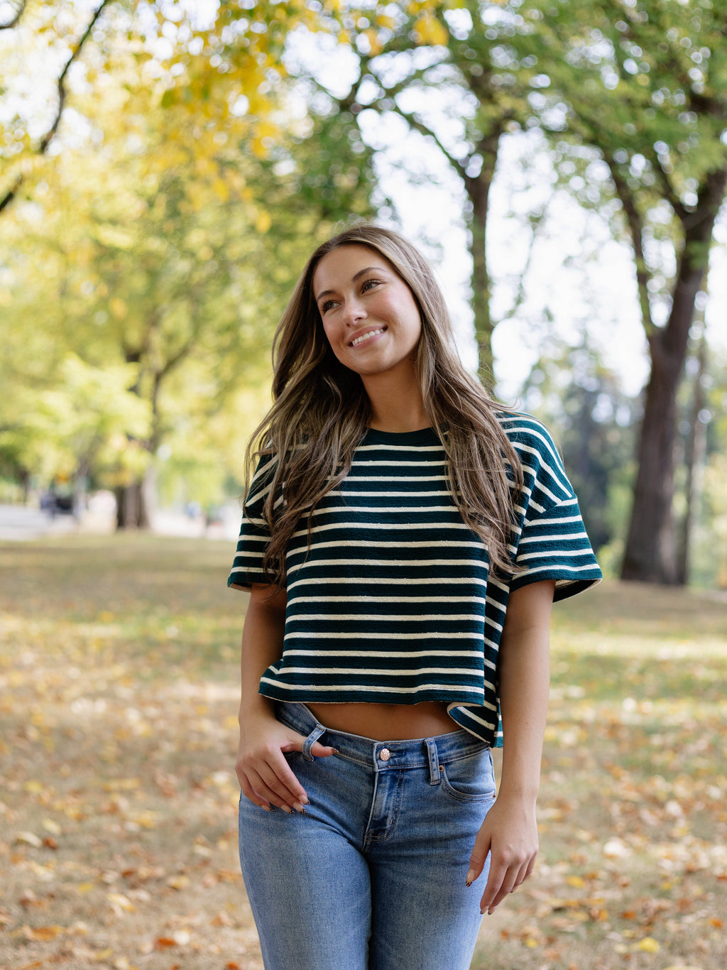 Hall Pass Stripe Tee in Hunter Green