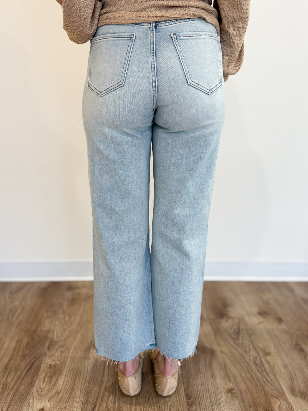 Clementine Distressed High Rise Wide Ankle Jeans