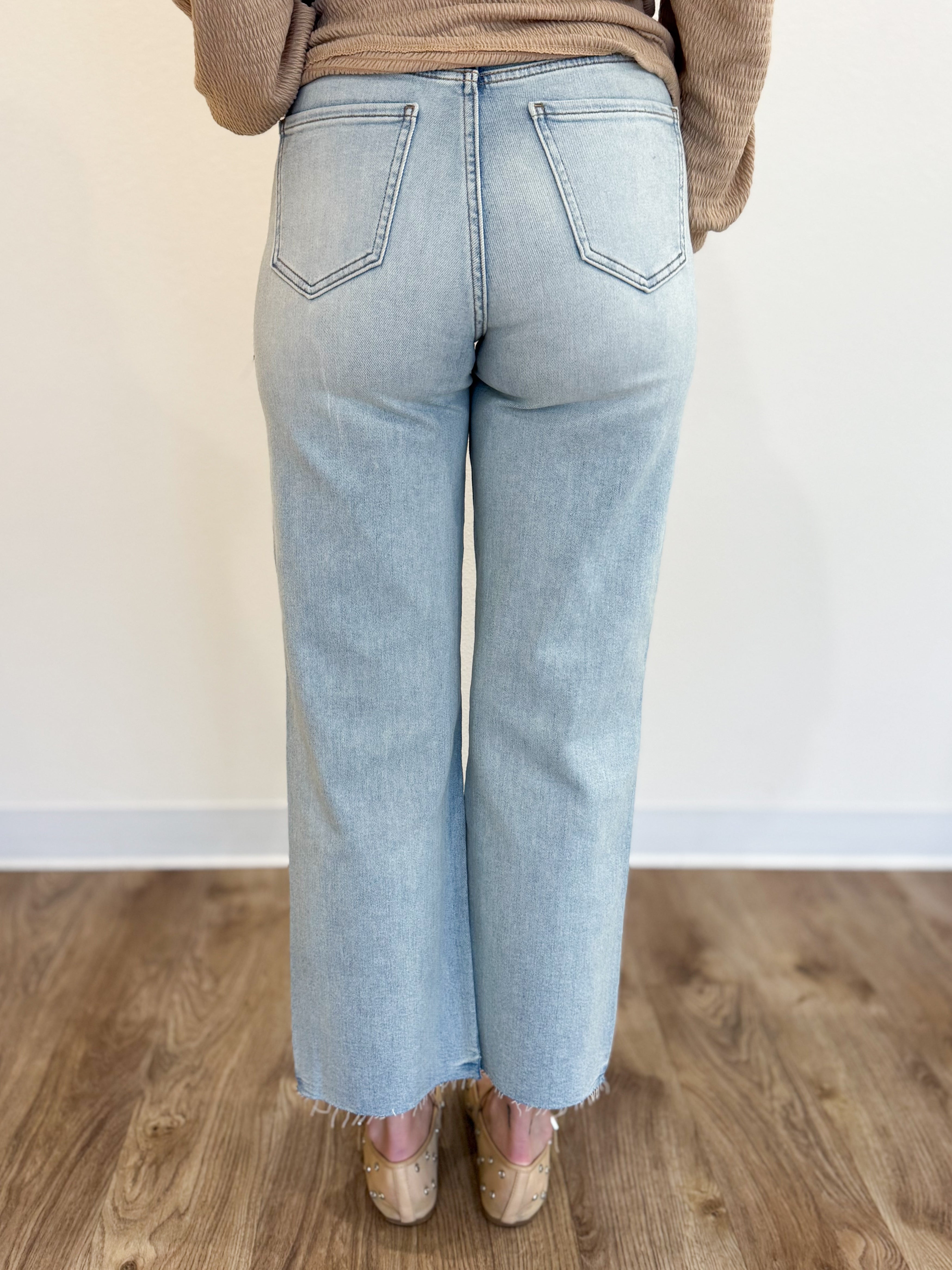 Clementine Distressed High Rise Wide Ankle Jeans