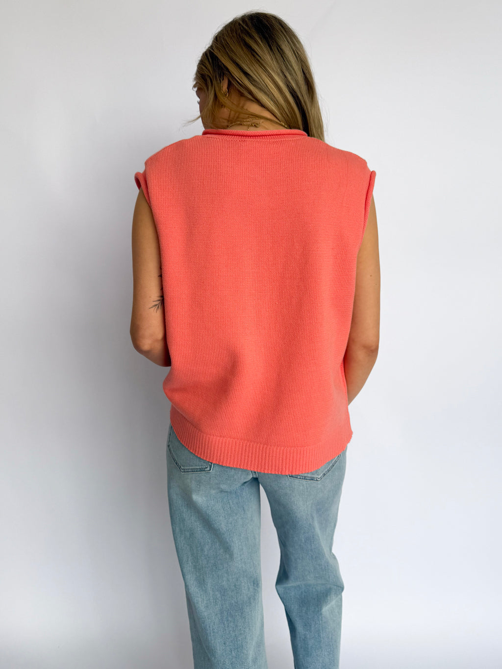 Evara Rolled Hem Button Sweater Vest in Melon