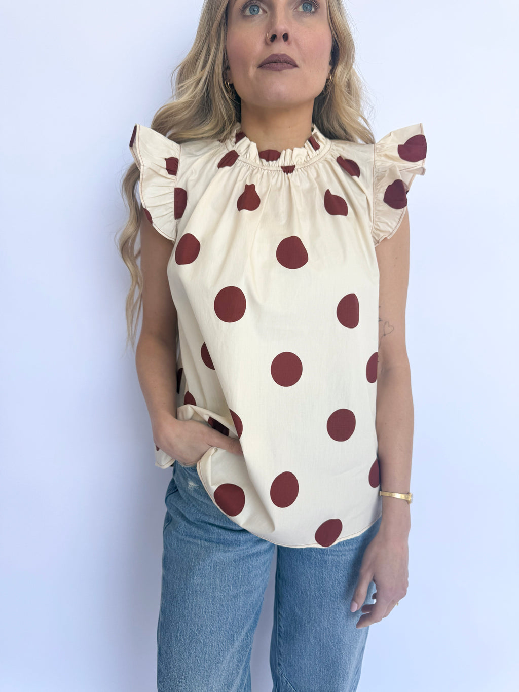 Asher Ruffled Polka Dot Top in Cream + Rust