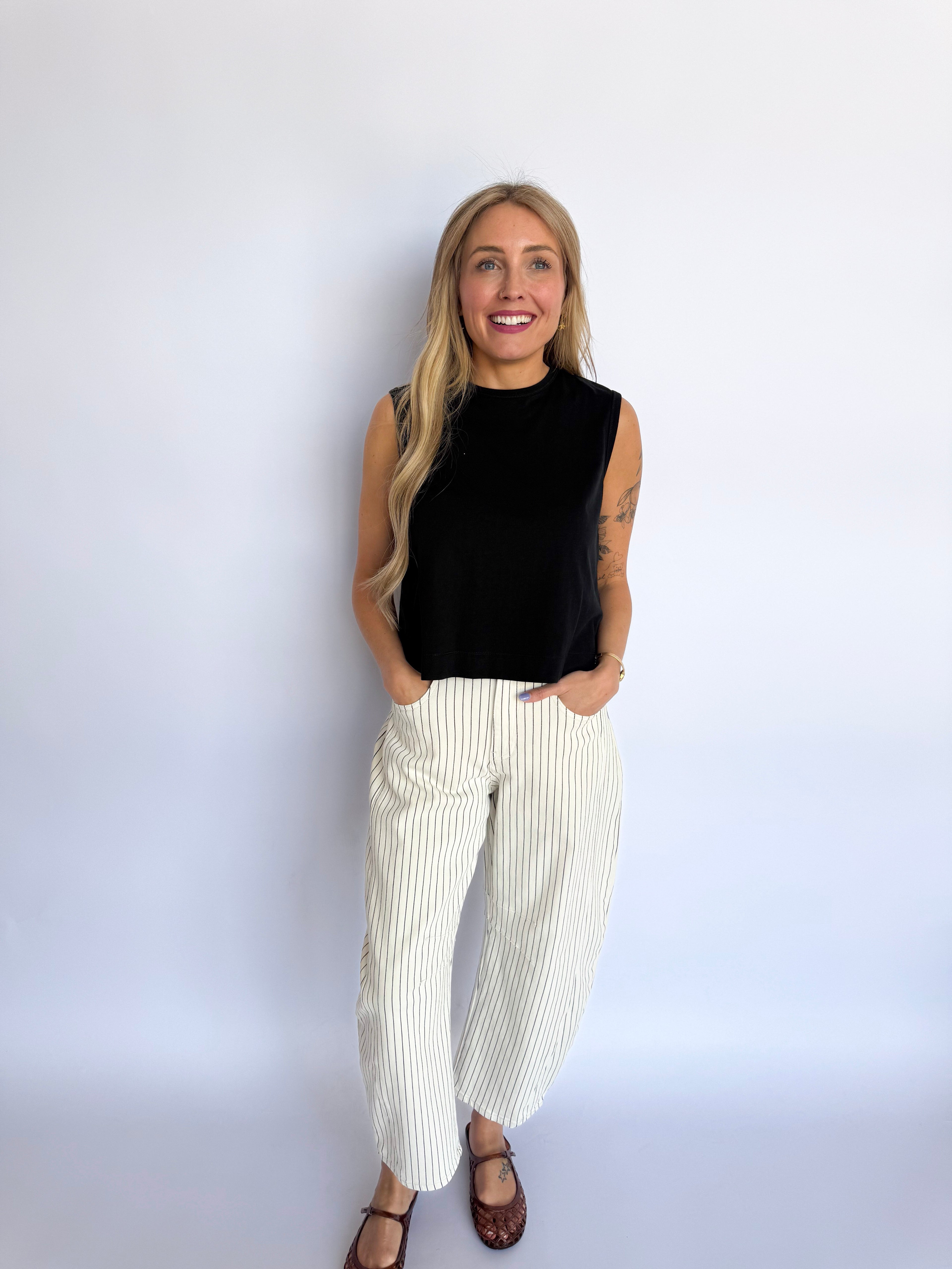 Cozette Pinstriped Barrel Pants