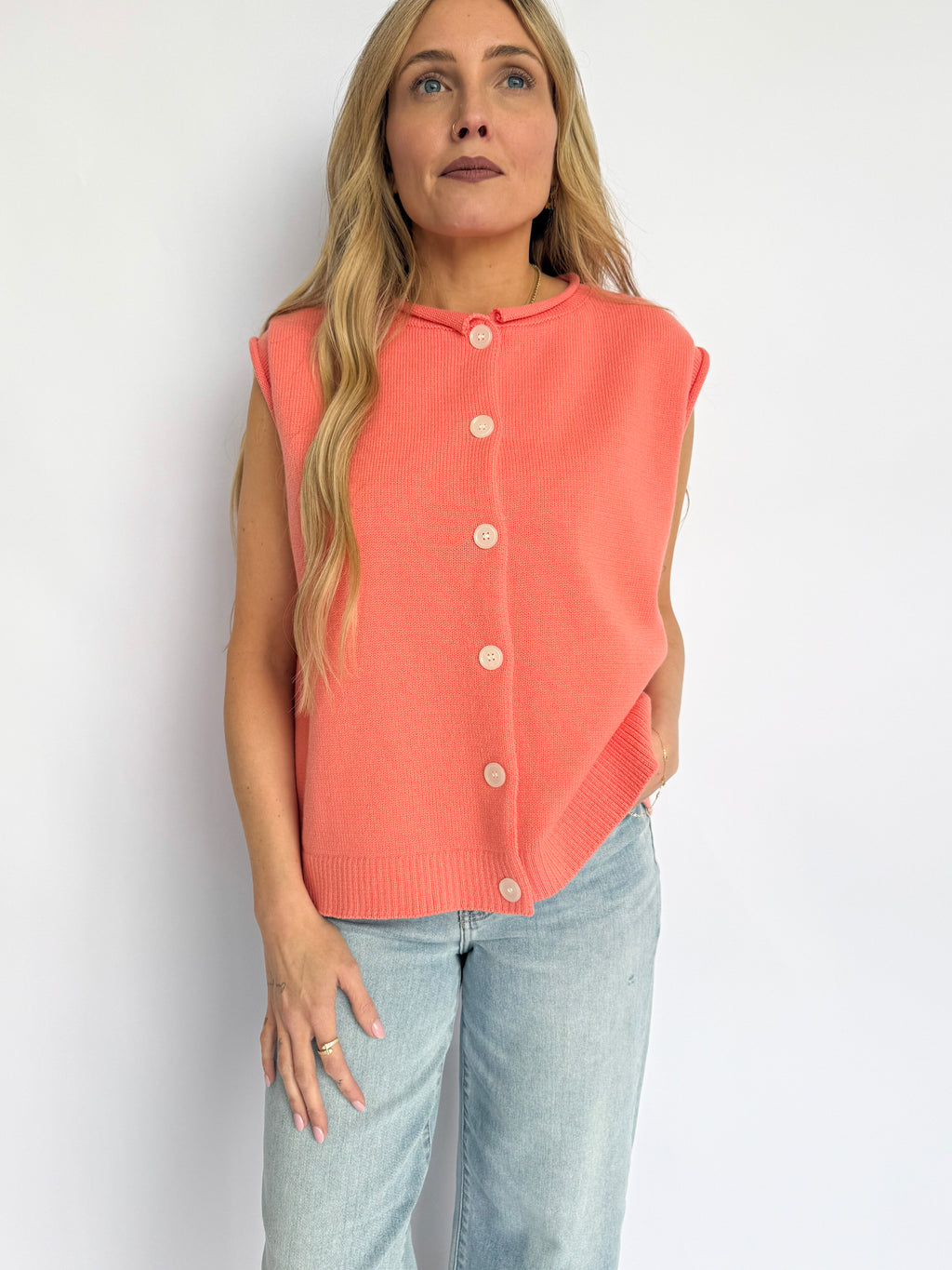 Evara Rolled Hem Button Sweater Vest in Melon
