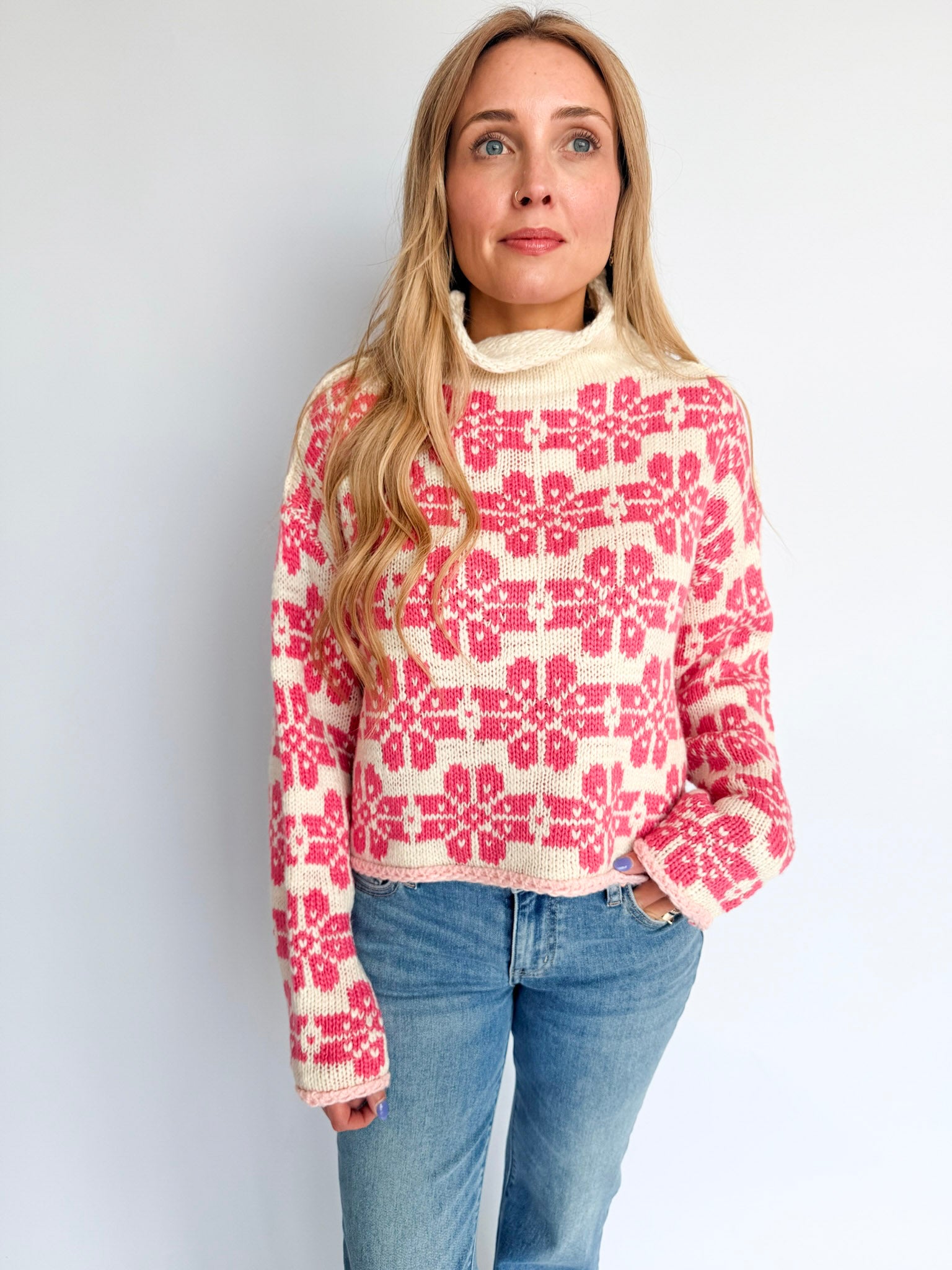 Evelyn Floral Fair Isle Mock Neck Sweater