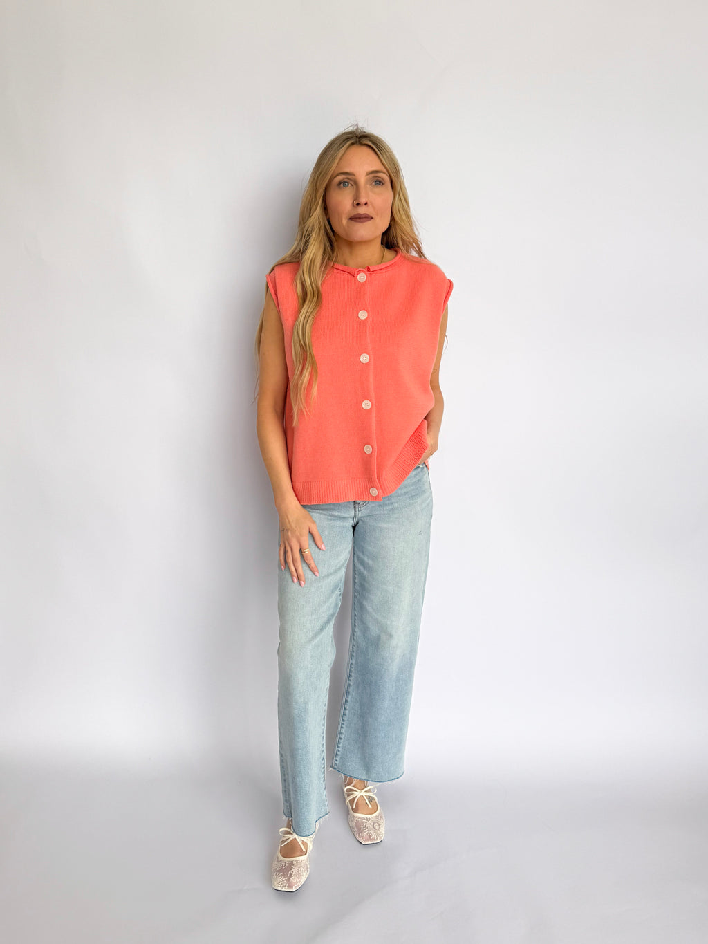 Evara Rolled Hem Button Sweater Vest in Melon