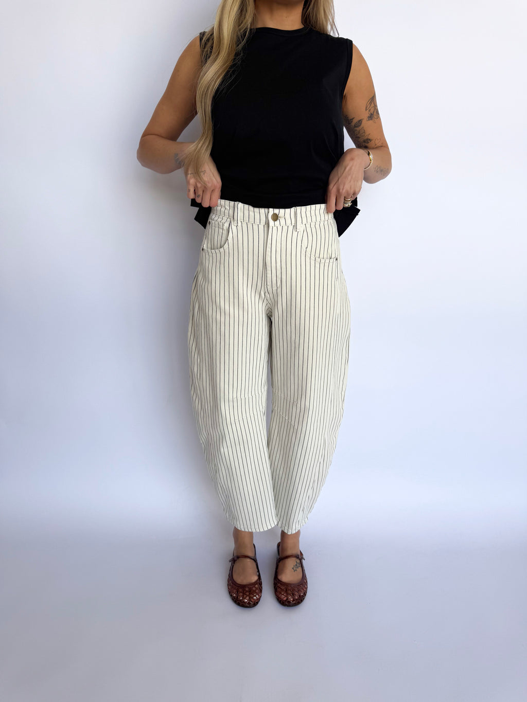 Cozette Pinstriped Barrel Pants