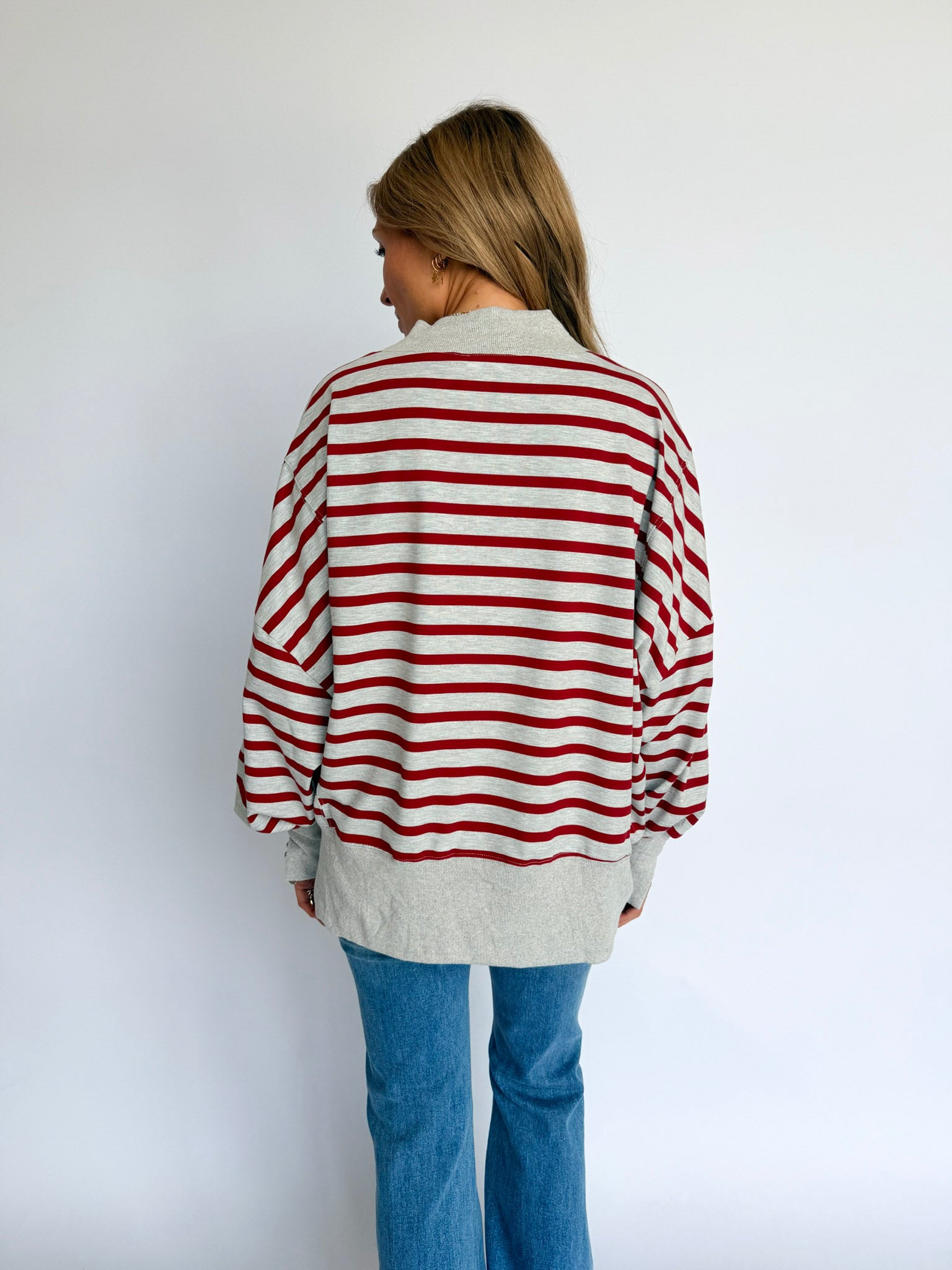 Luna Striped Mock Neck Sweatshirt in Heather Grey + Red