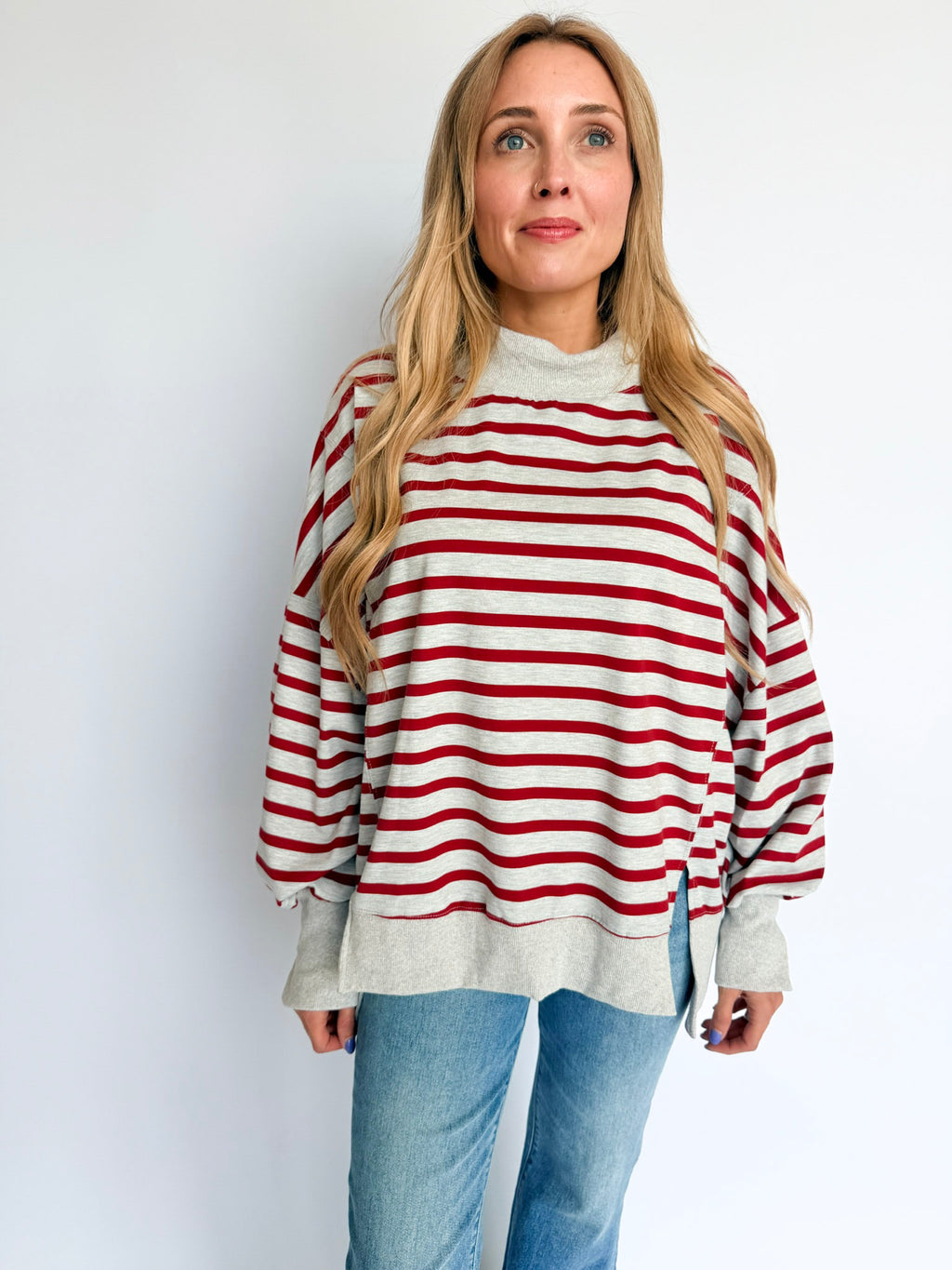Luna Striped Mock Neck Sweatshirt in Heather Grey + Red
