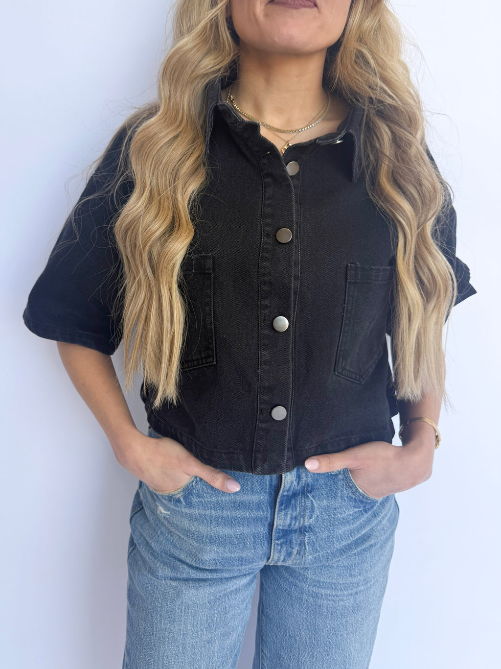 Isabeau Cropped Denim Top in Black