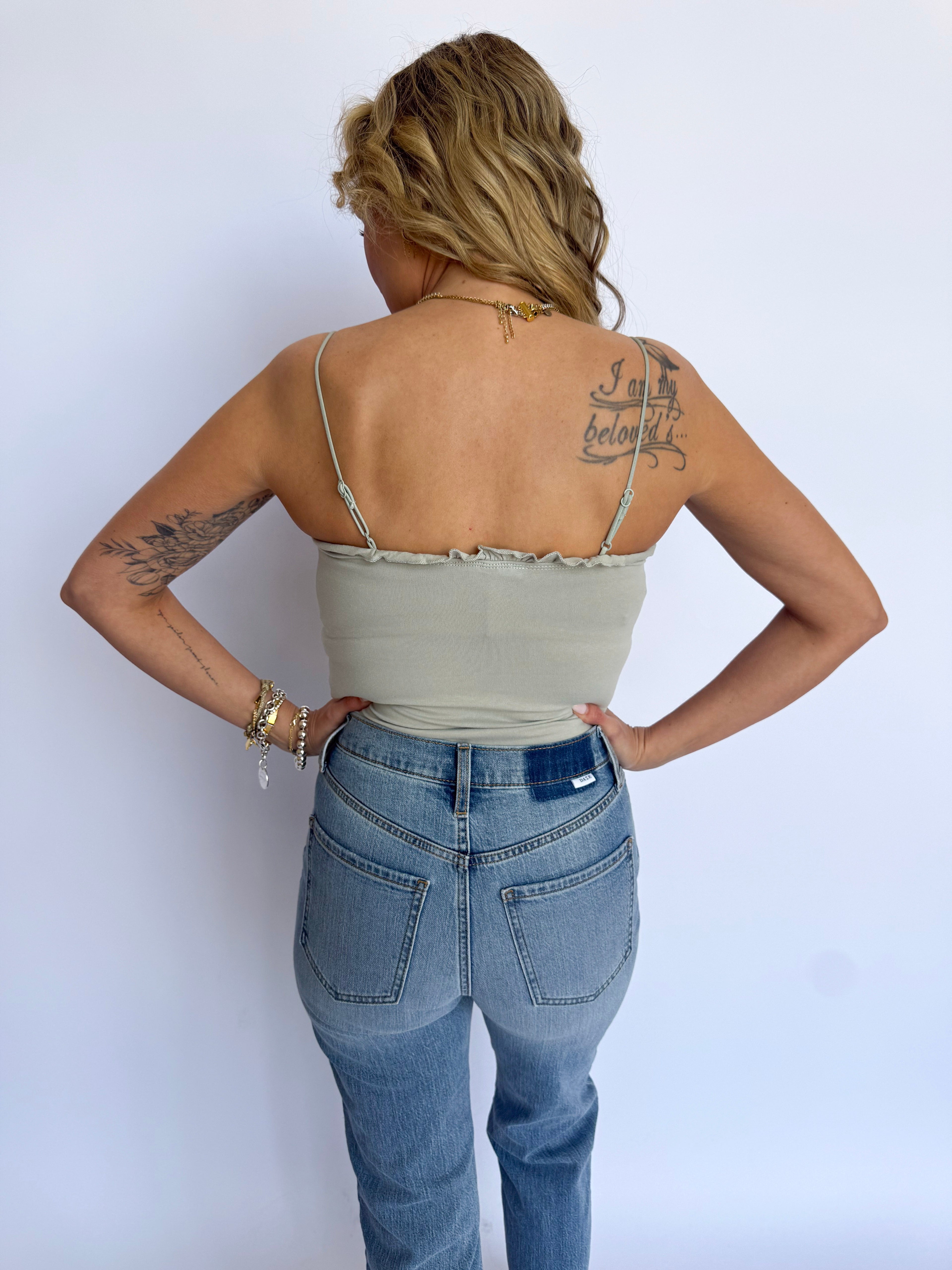 Quinnley Ruffle Cami Bodysuit in Sage