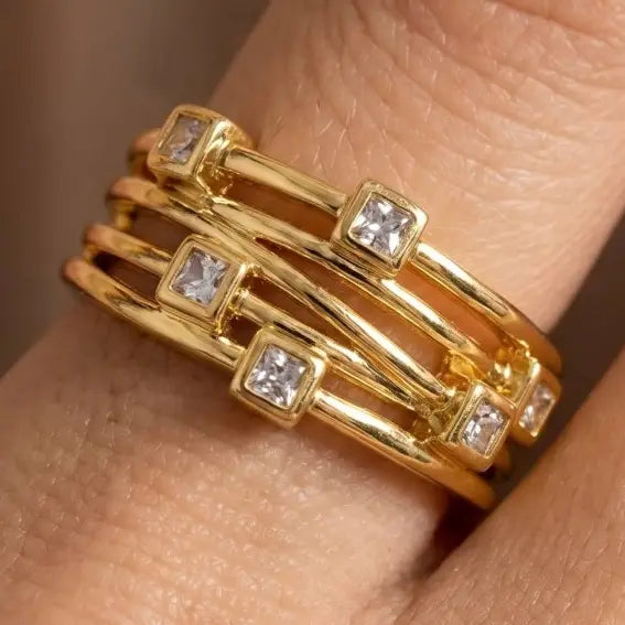 Noelia Square CZ Station Ring in Gold