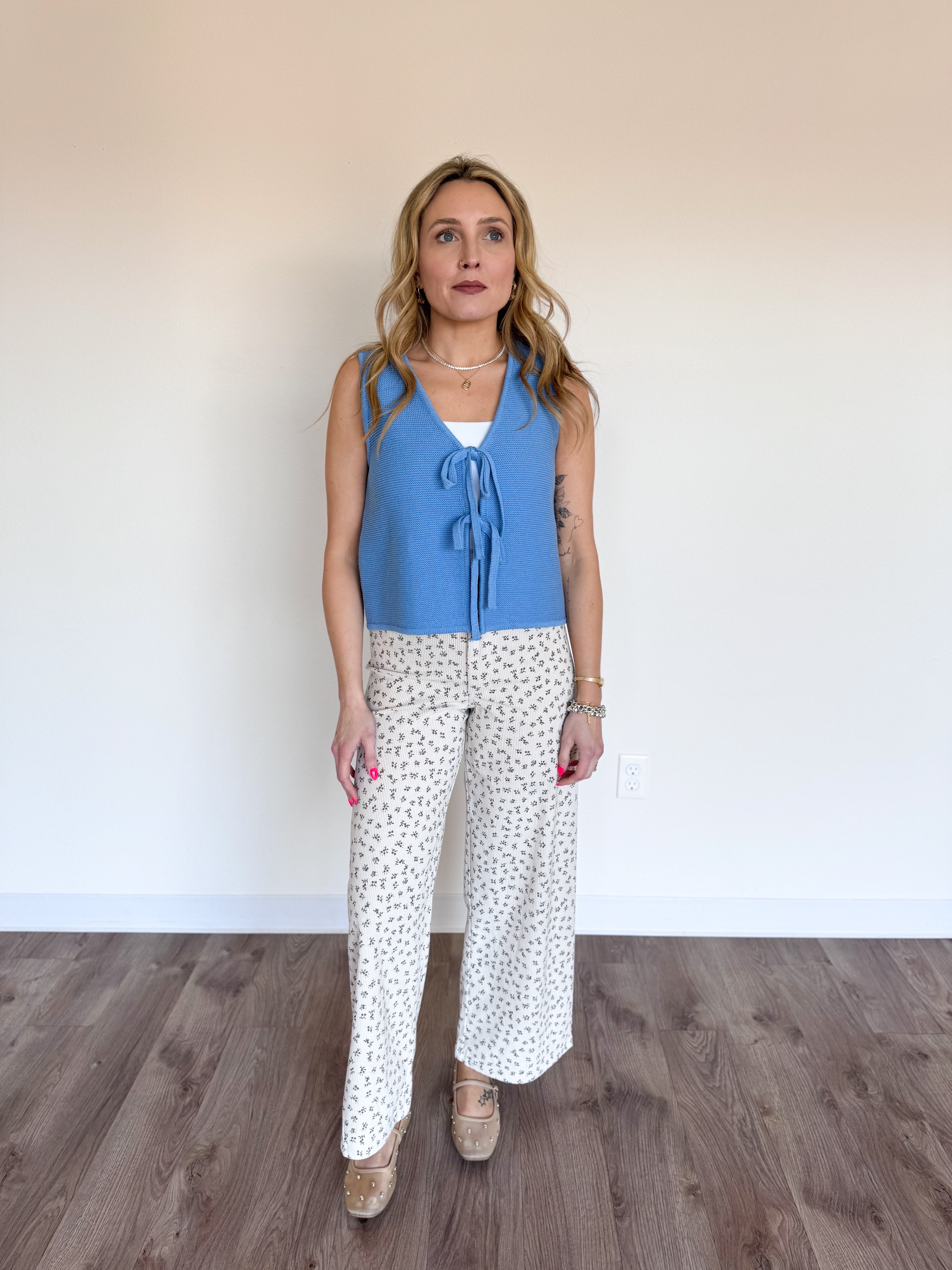 Tullia Tie Front Vest in Blue