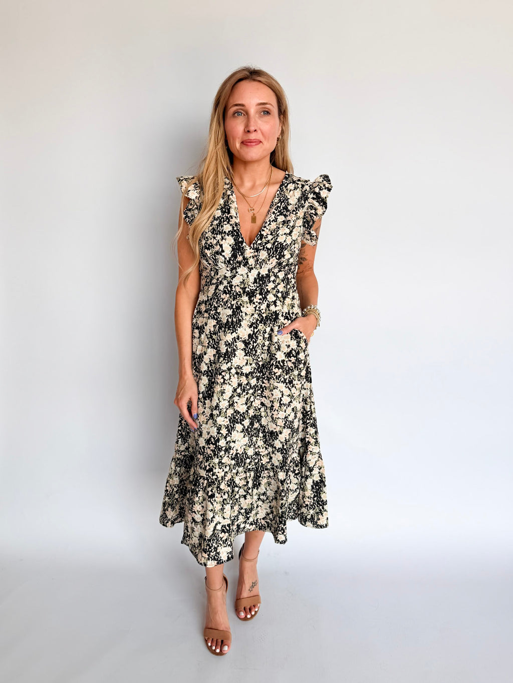 Painted Fields V Neck Midi Dress