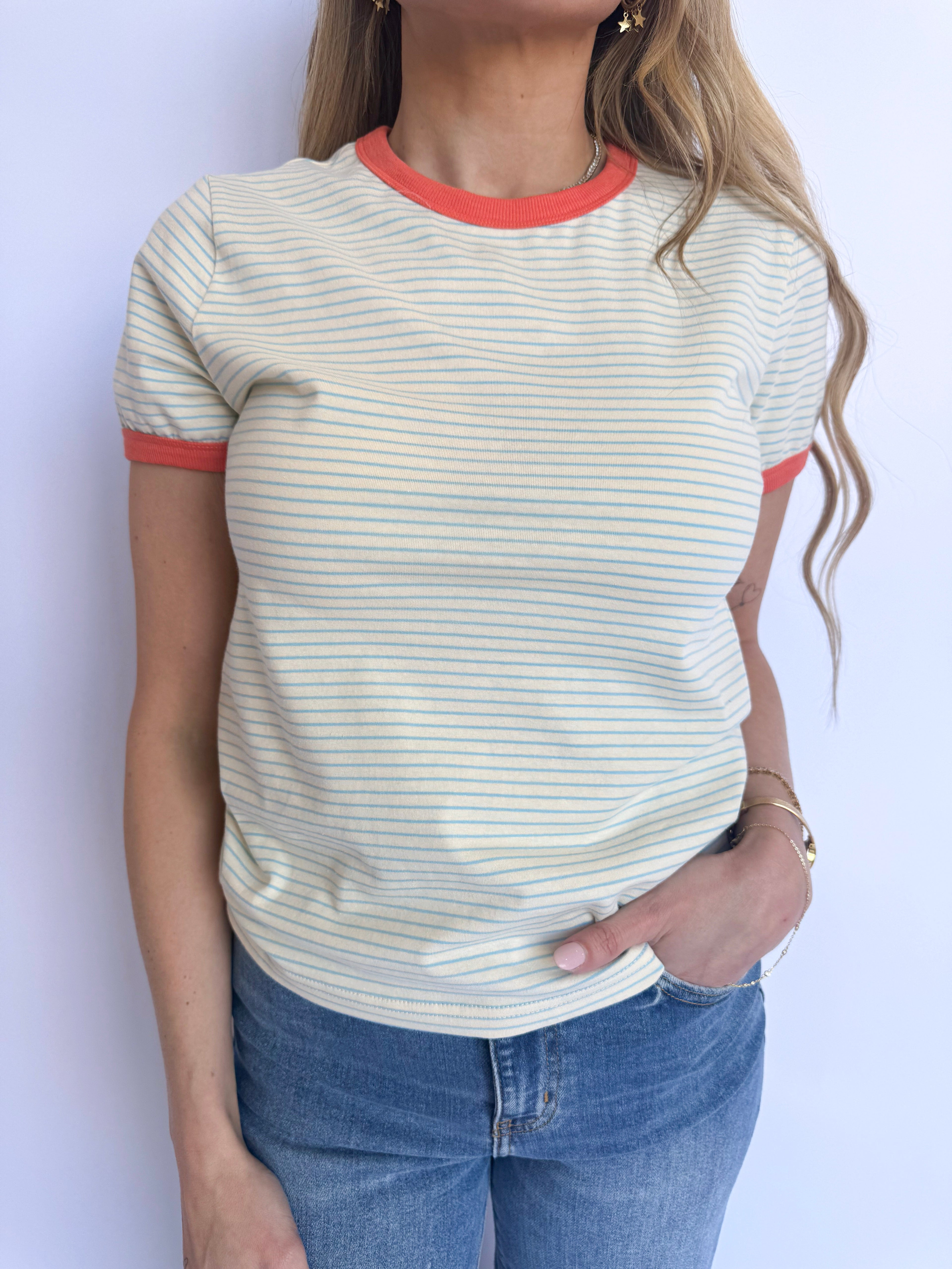 Florence Striped Knit Tee in Cream + Sky