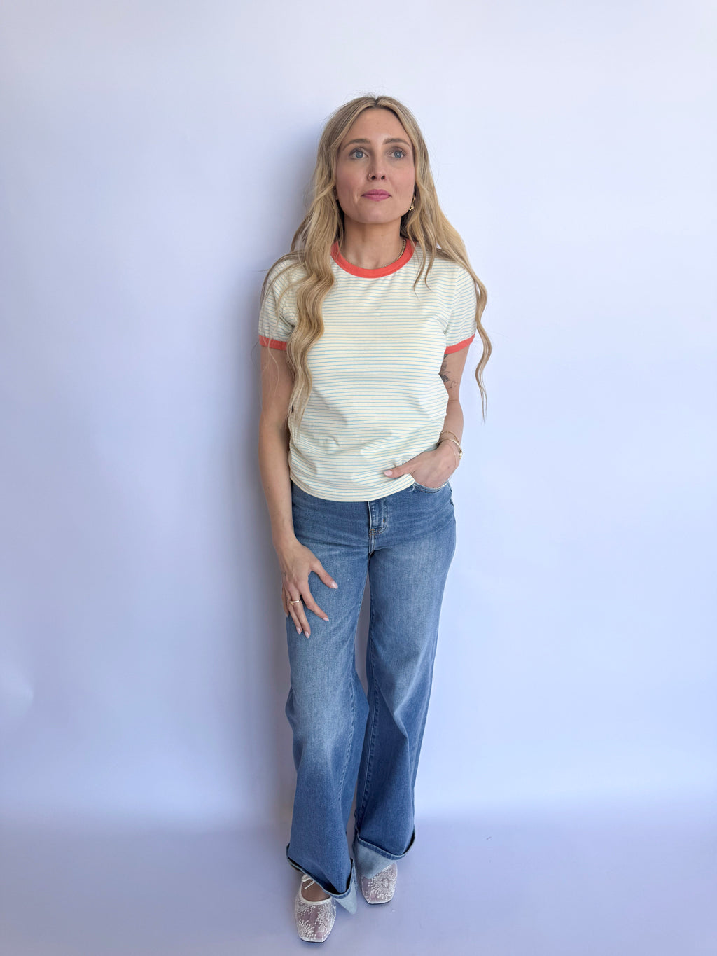 Florence Striped Knit Tee in Cream + Sky