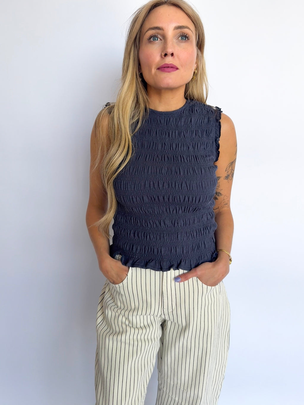 Lucinda Smocked Sleeveless Top in Navy