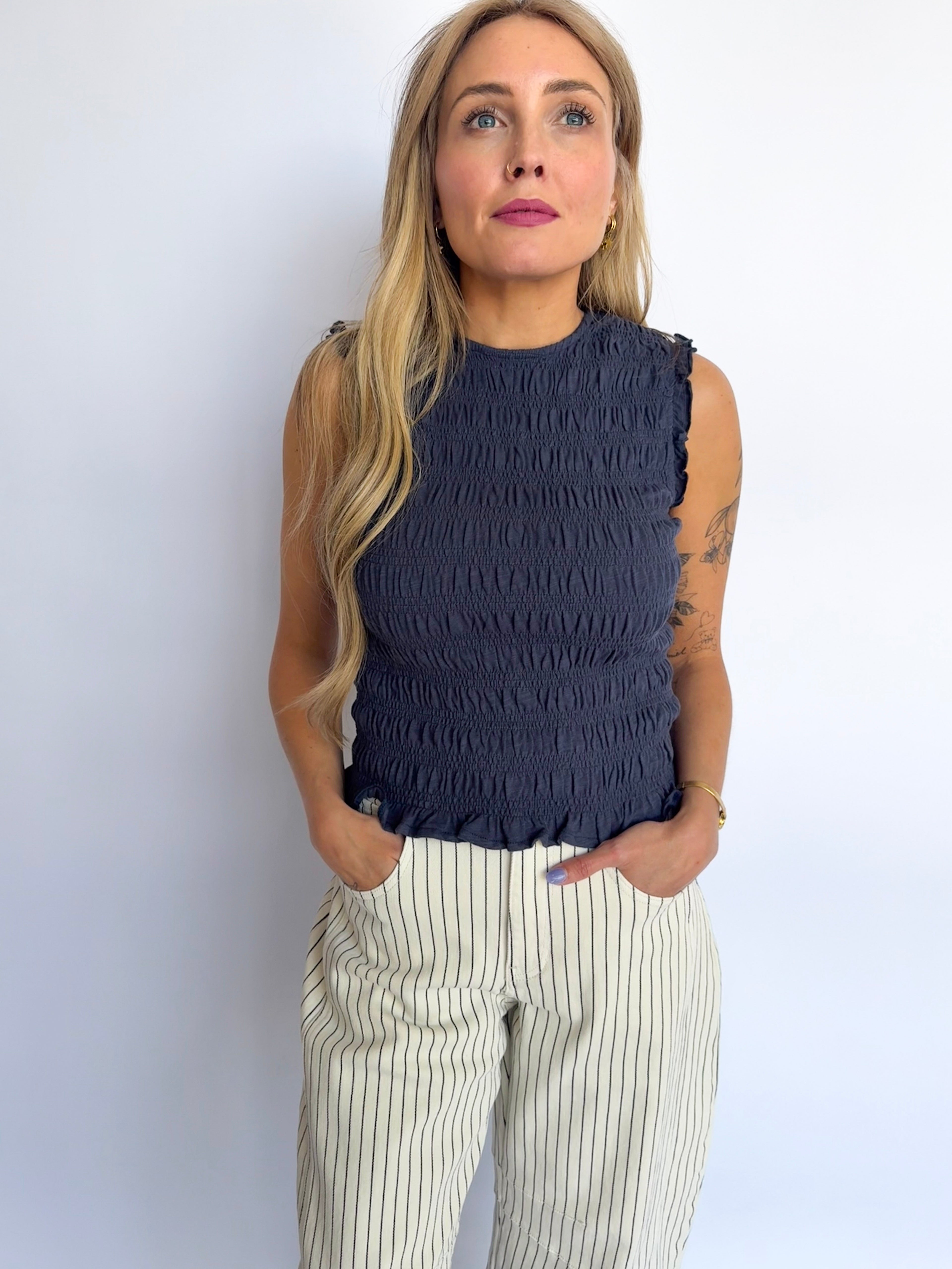 Lucinda Smocked Sleeveless Top in Navy