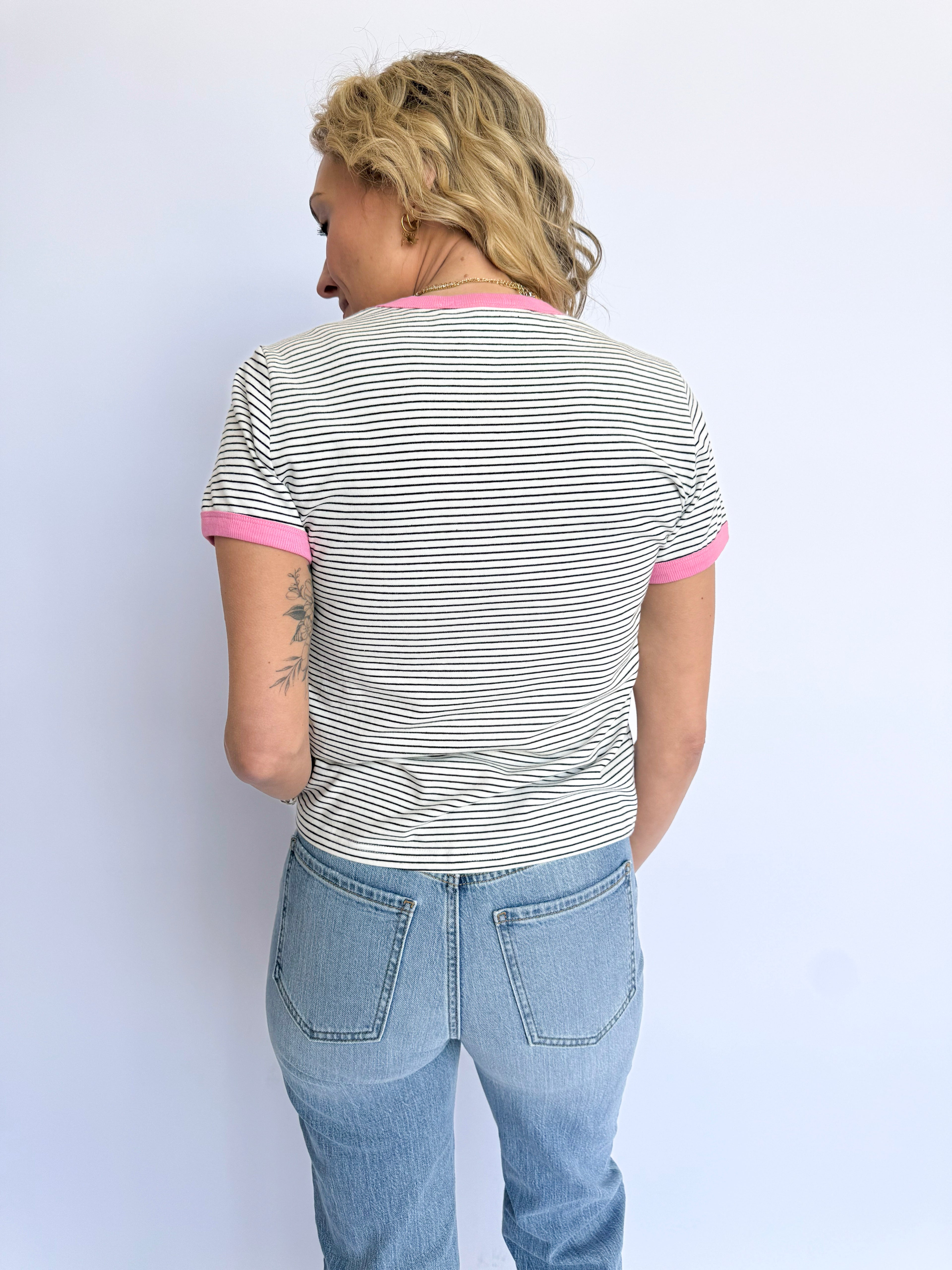 Florence Striped Knit Tee in Off White + Black