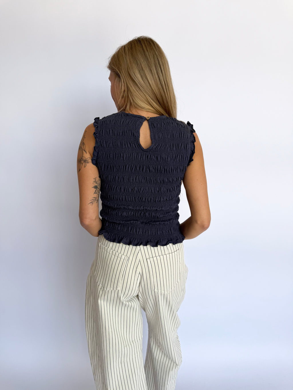 Lucinda Smocked Sleeveless Top in Navy