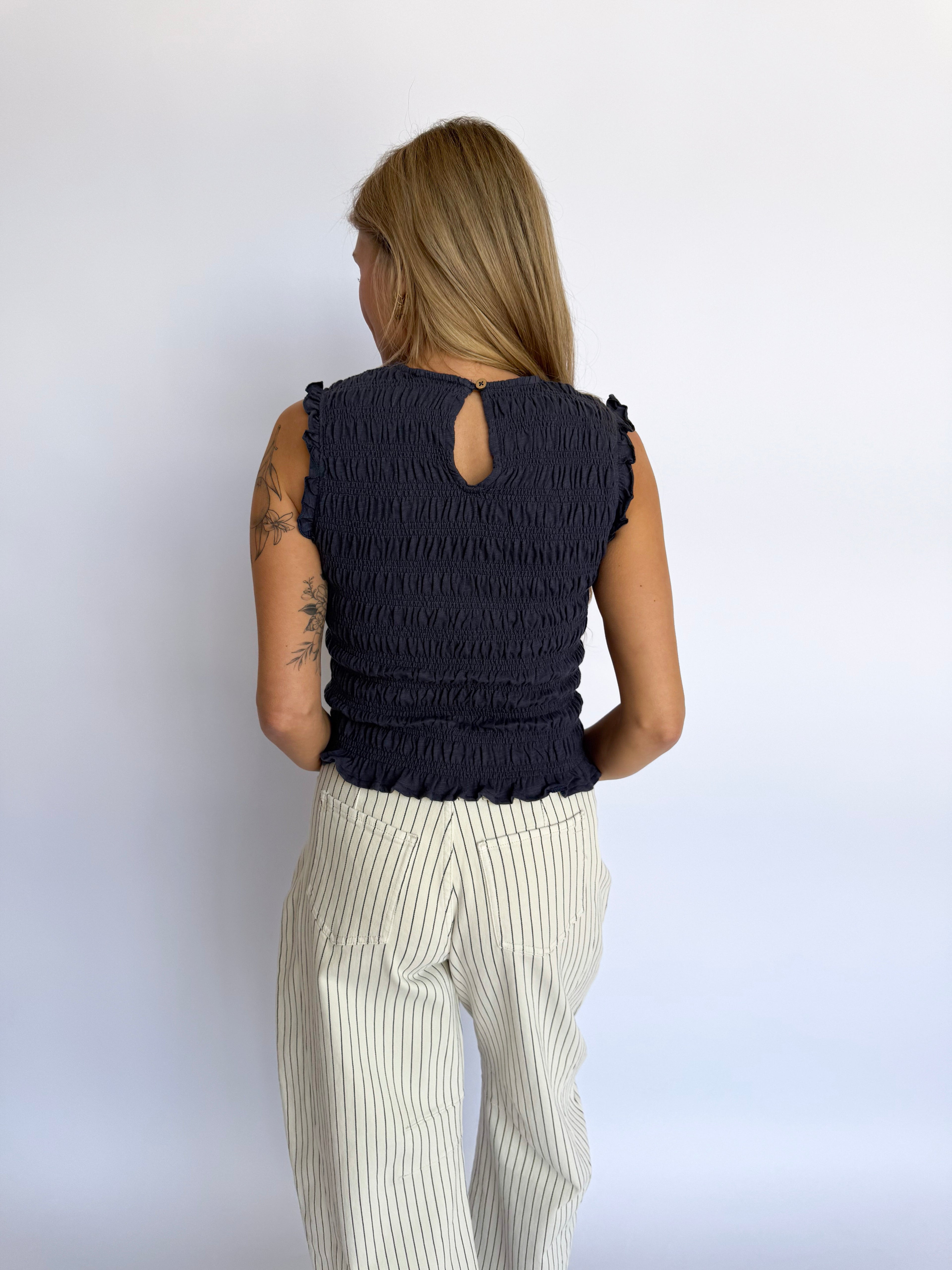 Lucinda Smocked Sleeveless Top in Navy