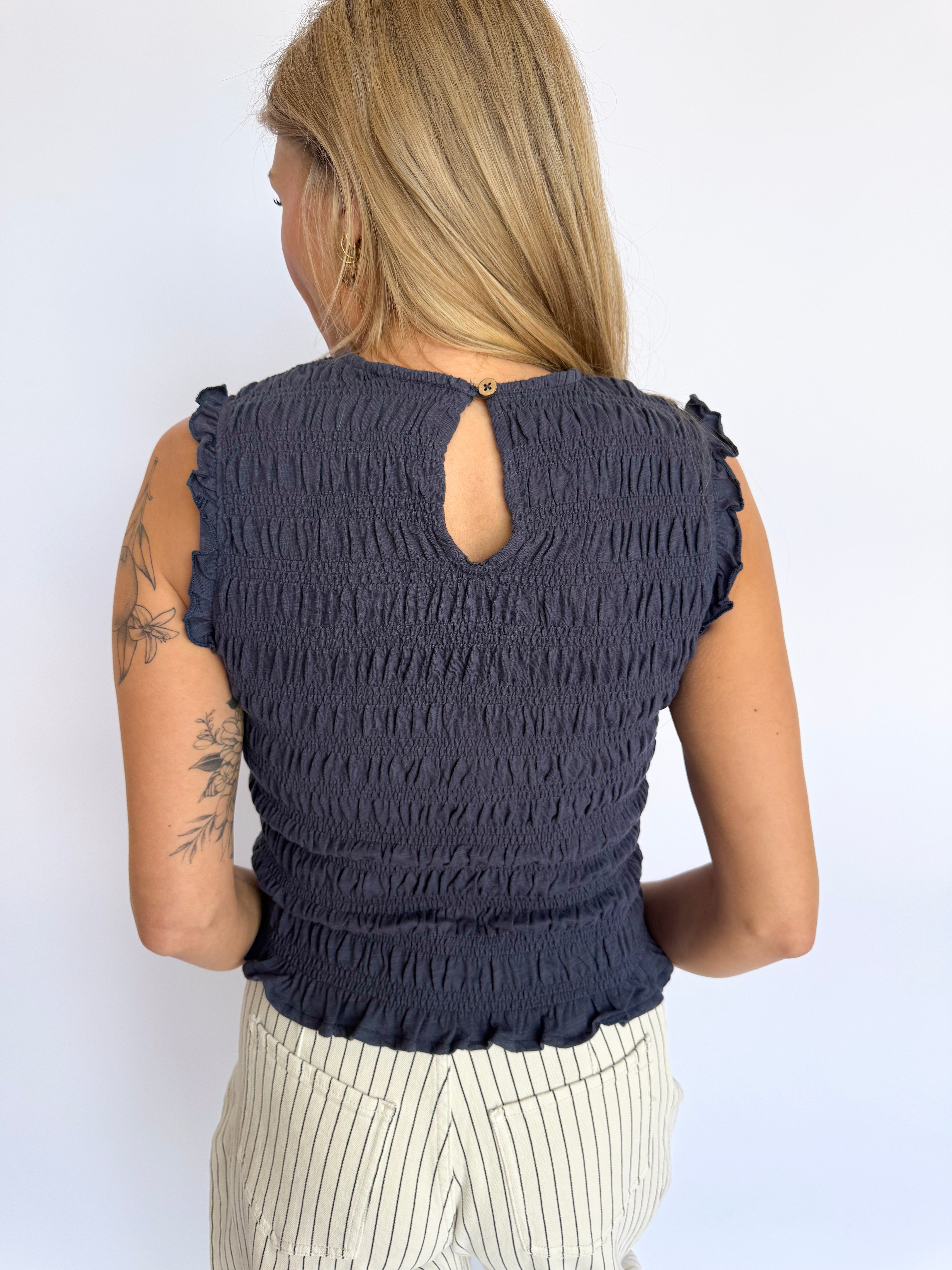 Lucinda Smocked Sleeveless Top in Navy