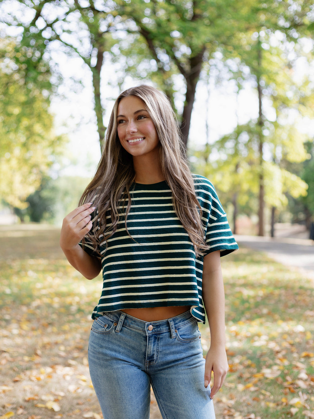 Hall Pass Stripe Tee in Hunter Green