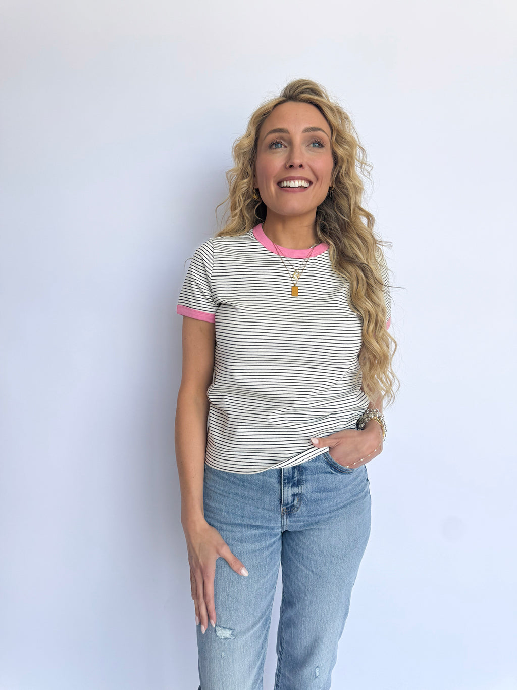 Florence Striped Knit Tee in Off White + Black