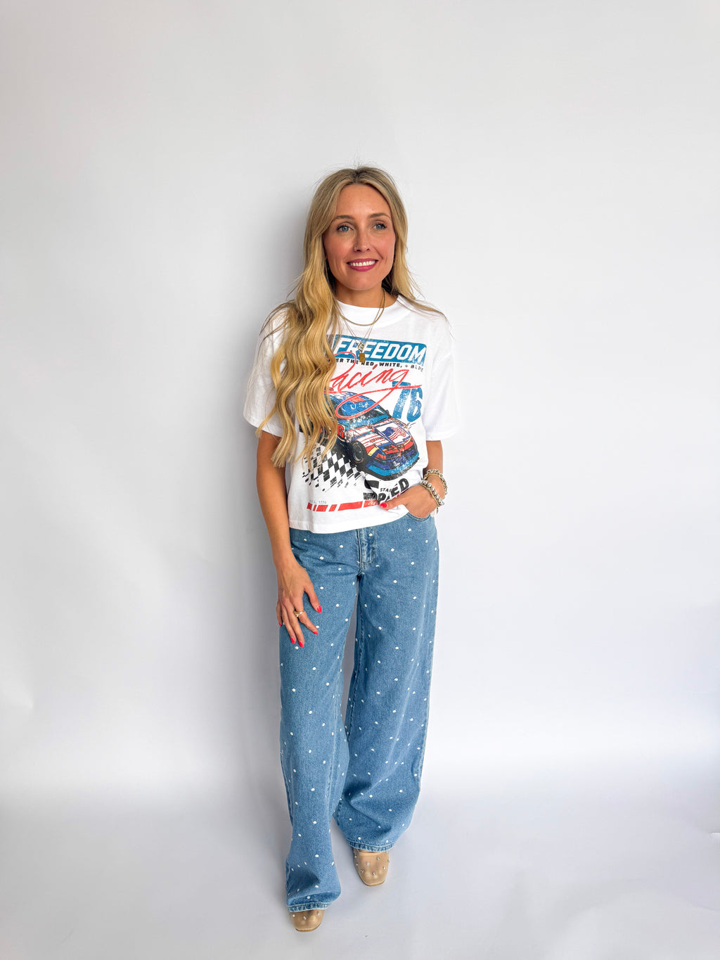 Goldie Mid Crop Freedom Racing Graphic Tee