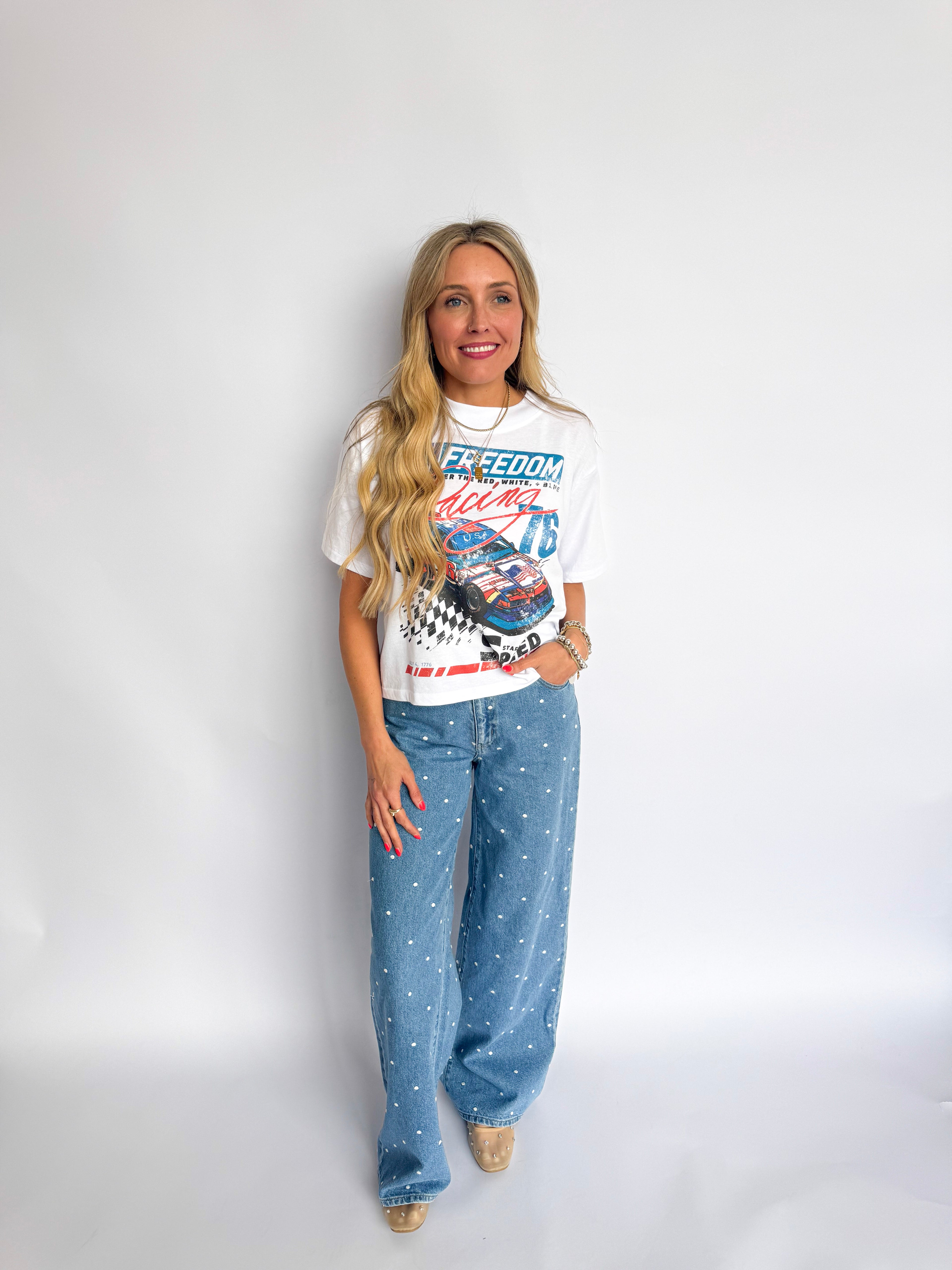 Goldie Mid Crop Freedom Racing Graphic Tee