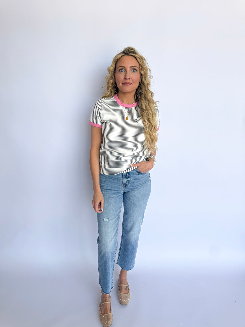Florence Striped Knit Tee in Off White + Black