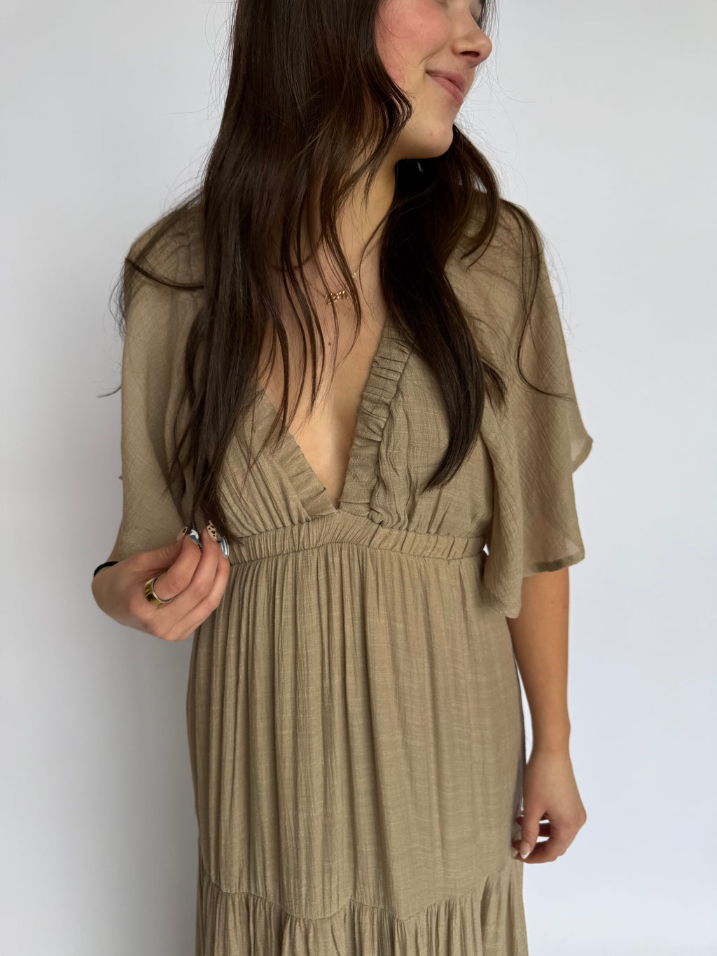 Zarella Flutter Sleeve Maxi Dress in Taupe