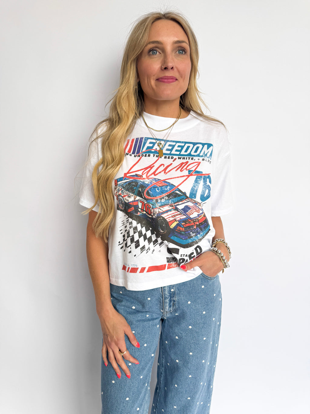 Goldie Mid Crop Freedom Racing Graphic Tee