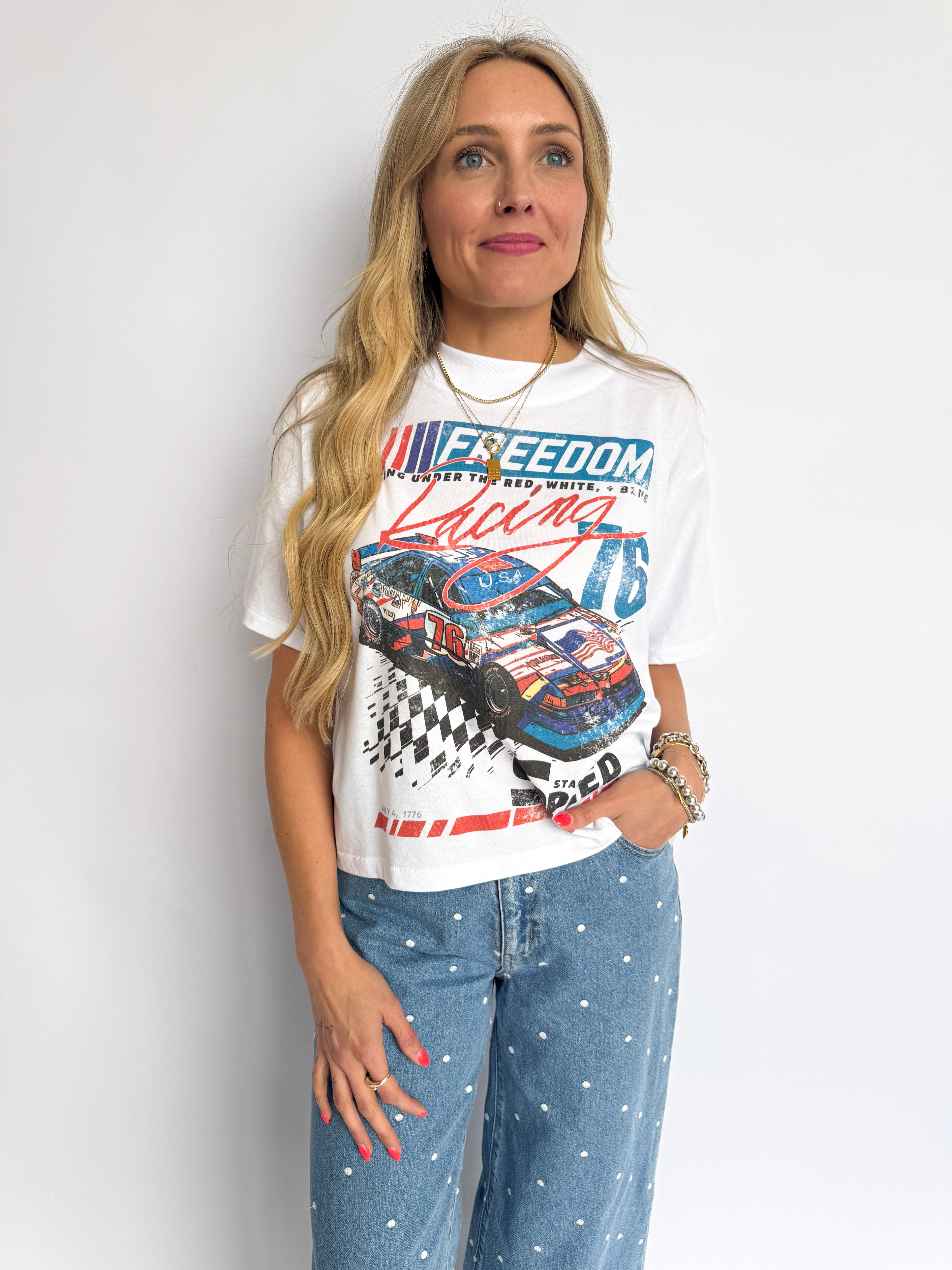 Goldie Mid Crop Freedom Racing Graphic Tee