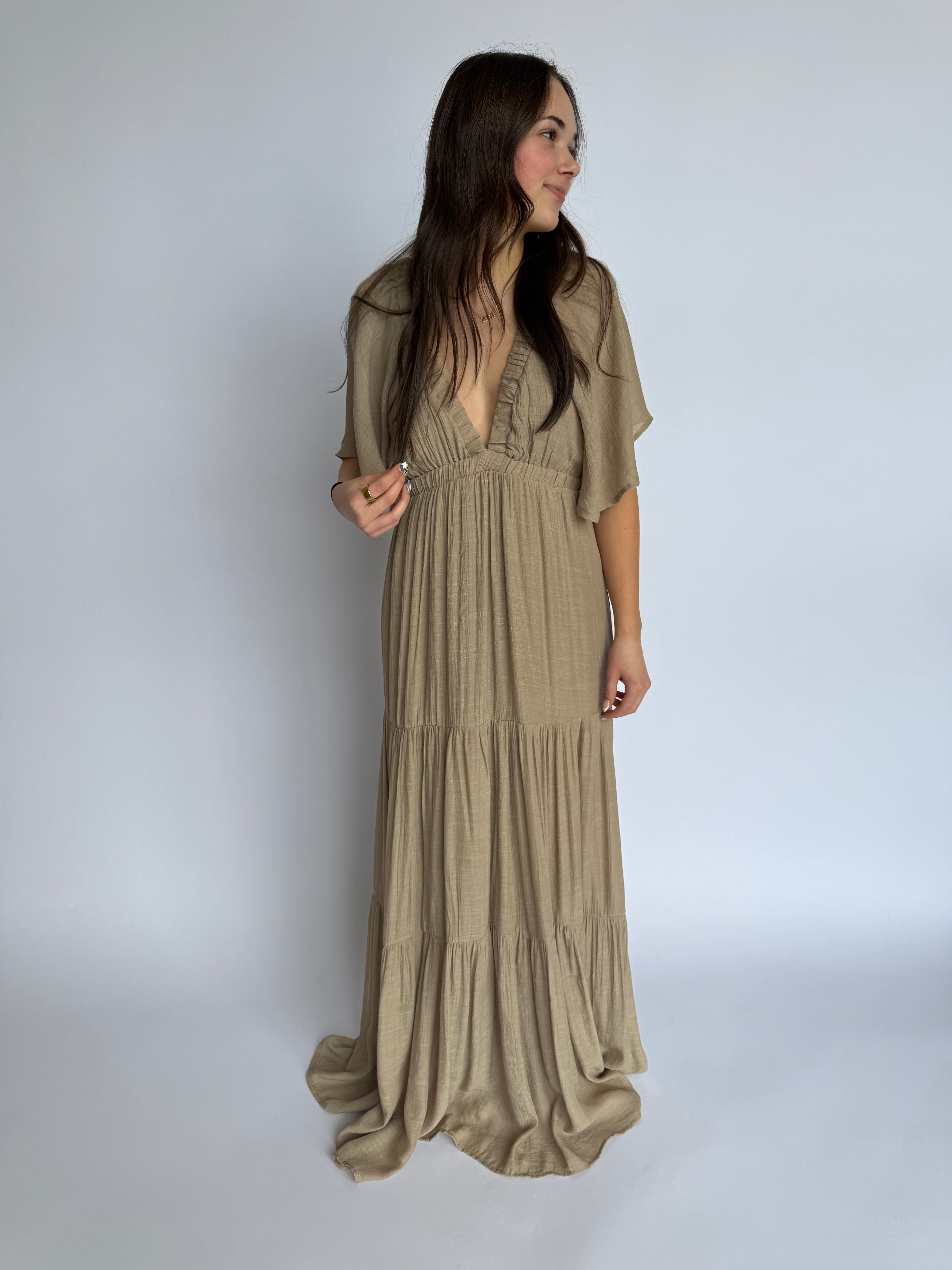 Zarella Flutter Sleeve Maxi Dress in Taupe