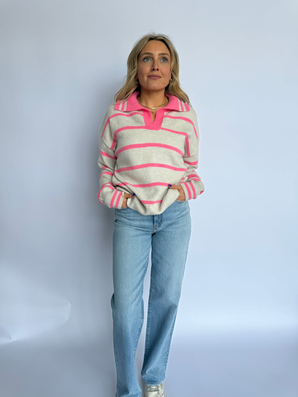 Eisley Collared Stripe Sweater in Pink Grey