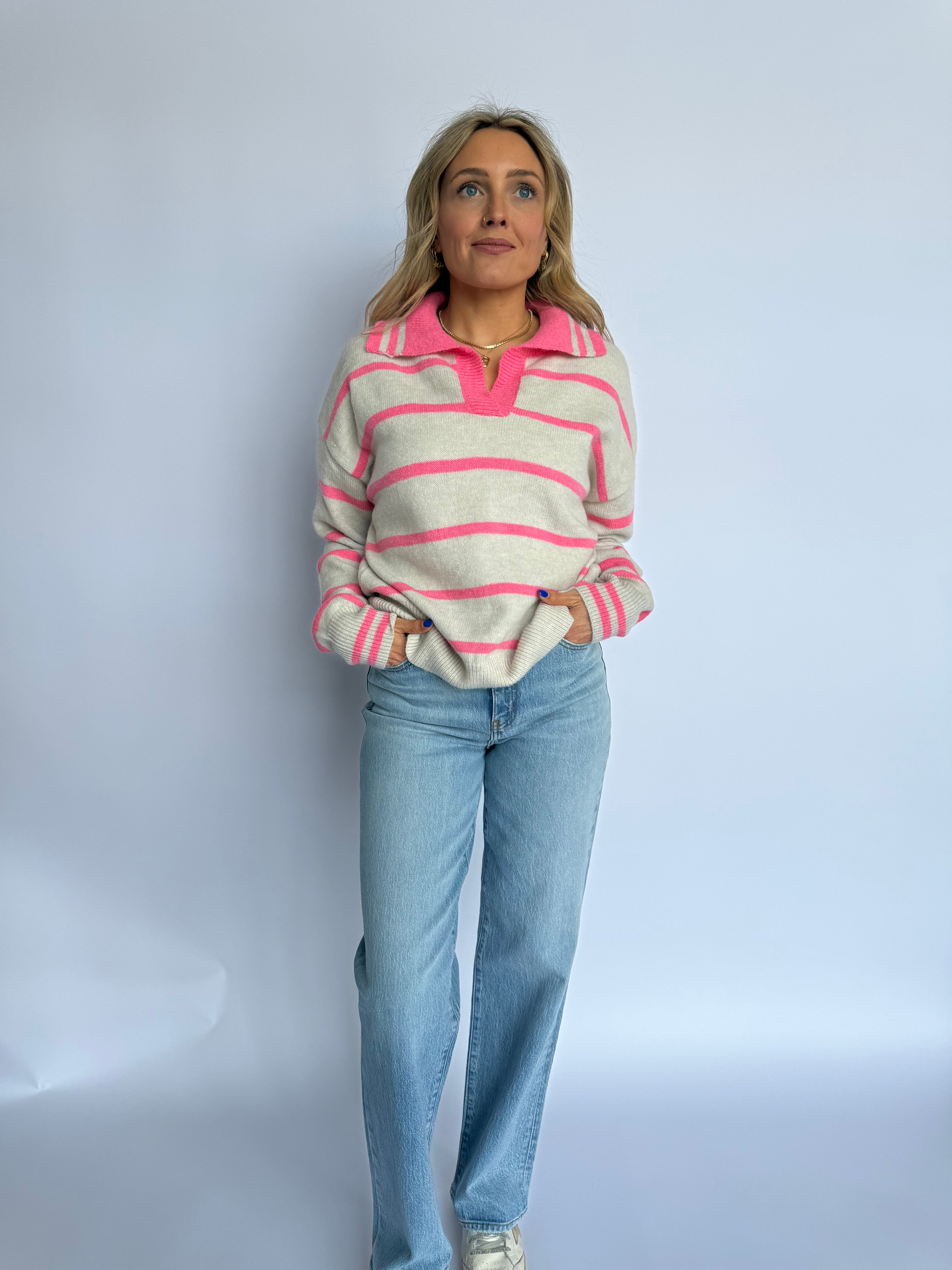 Eisley Collared Stripe Sweater in Pink Grey