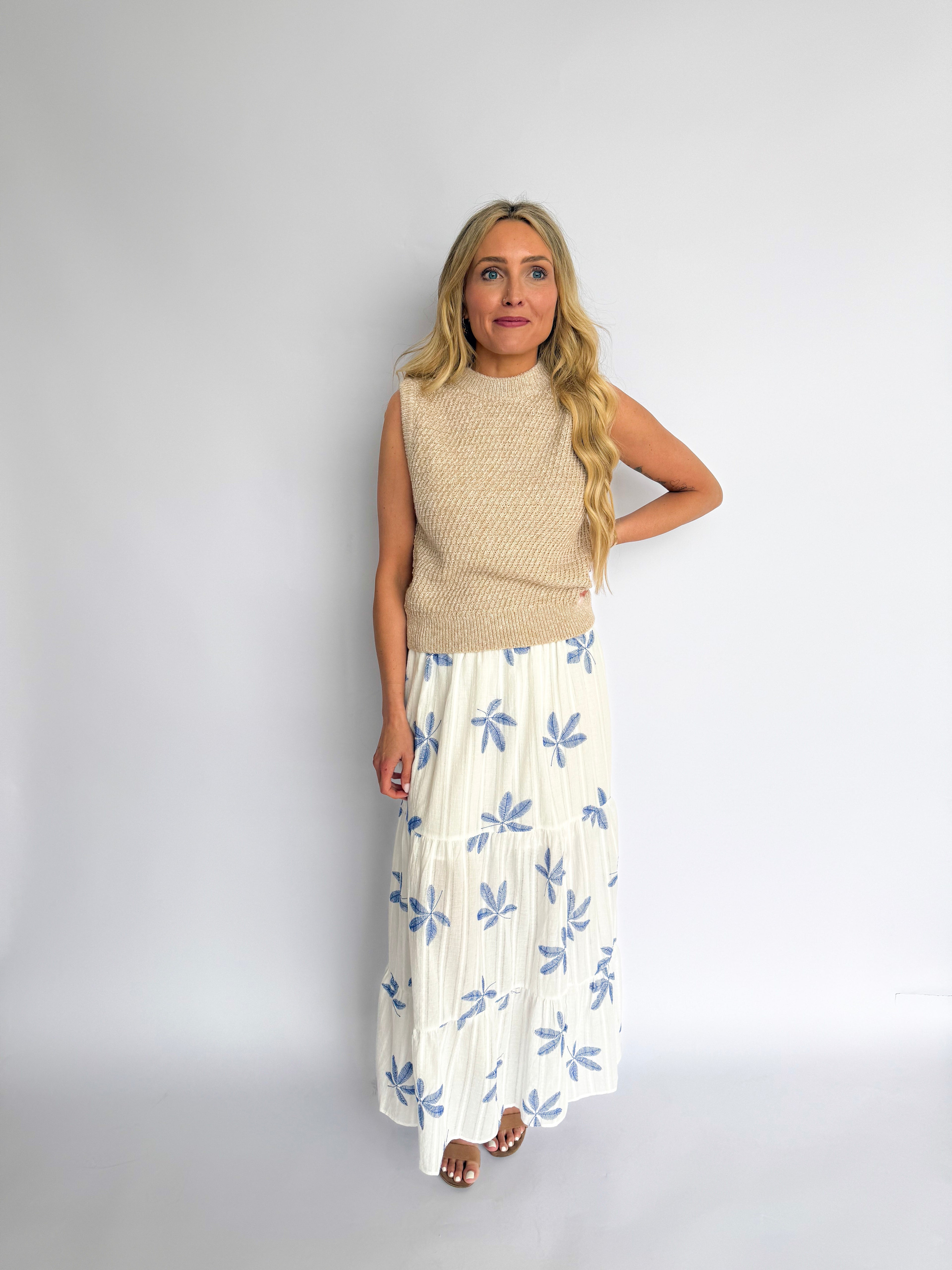 Nyxara Tiered Maxi Skirt in Blue + White