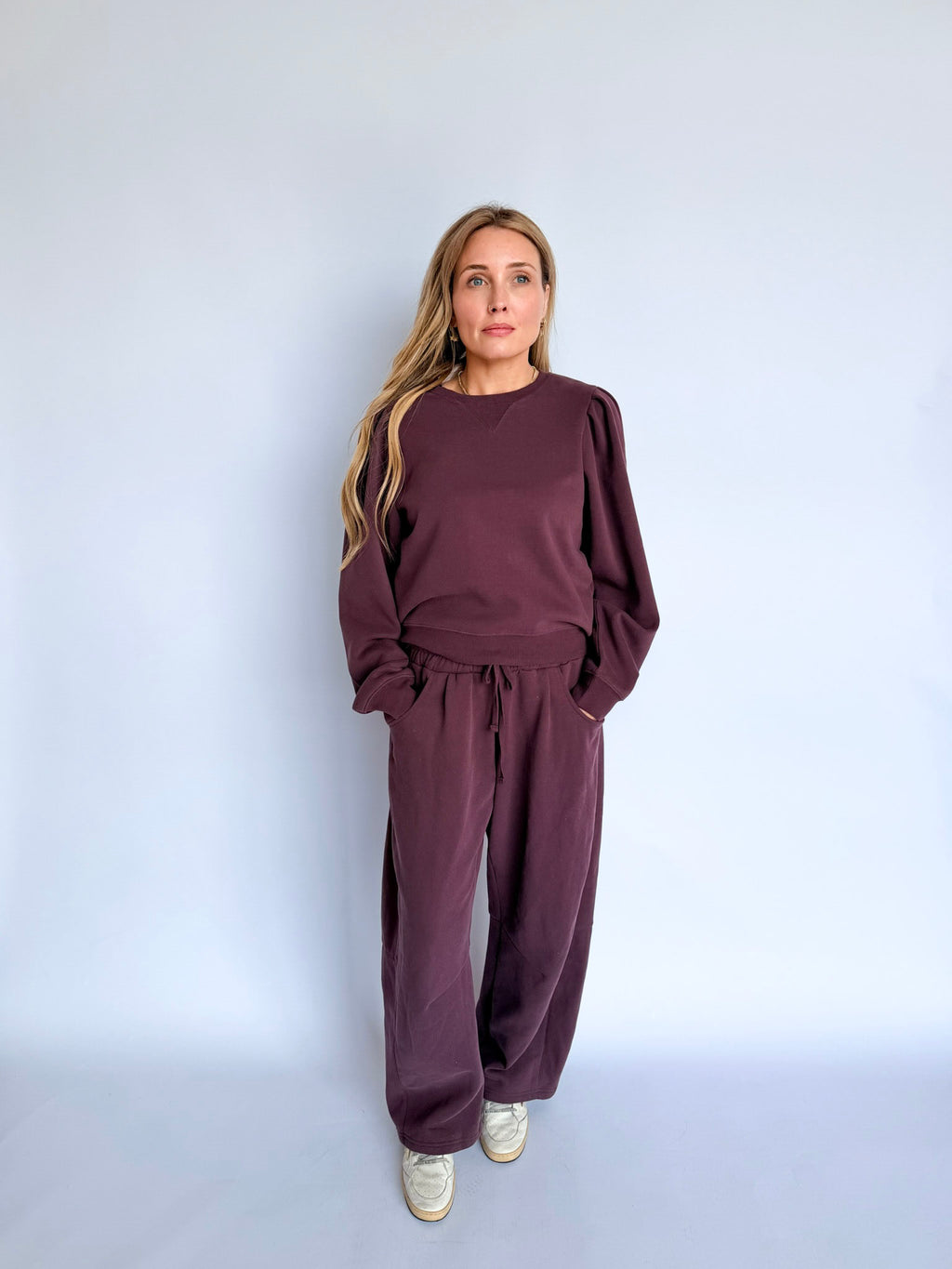 Penelope Puff Sleeve Crew Neck Sweatshirt in Cocoa
