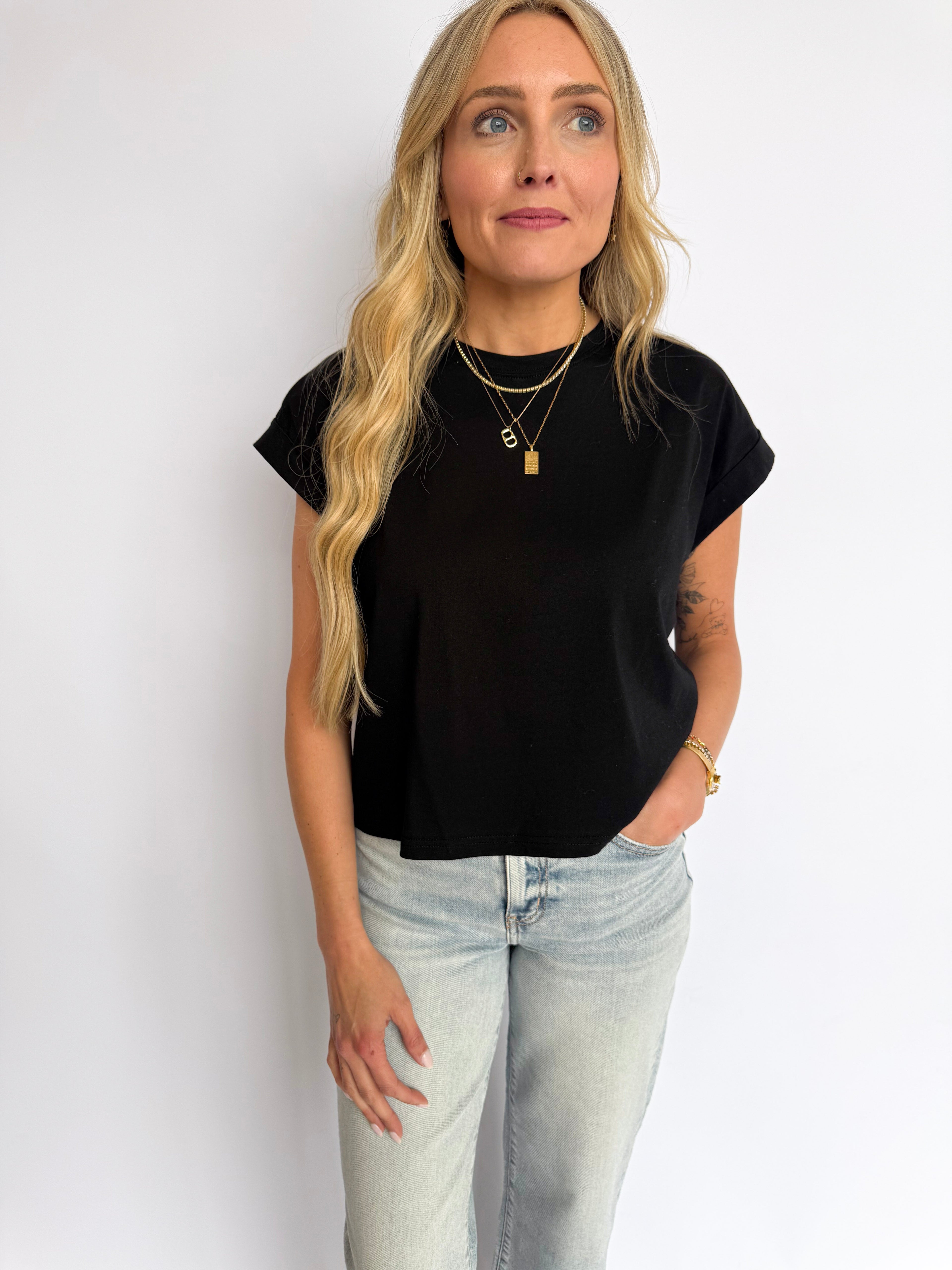 Elsin Cuffed Sleeve Top in Black