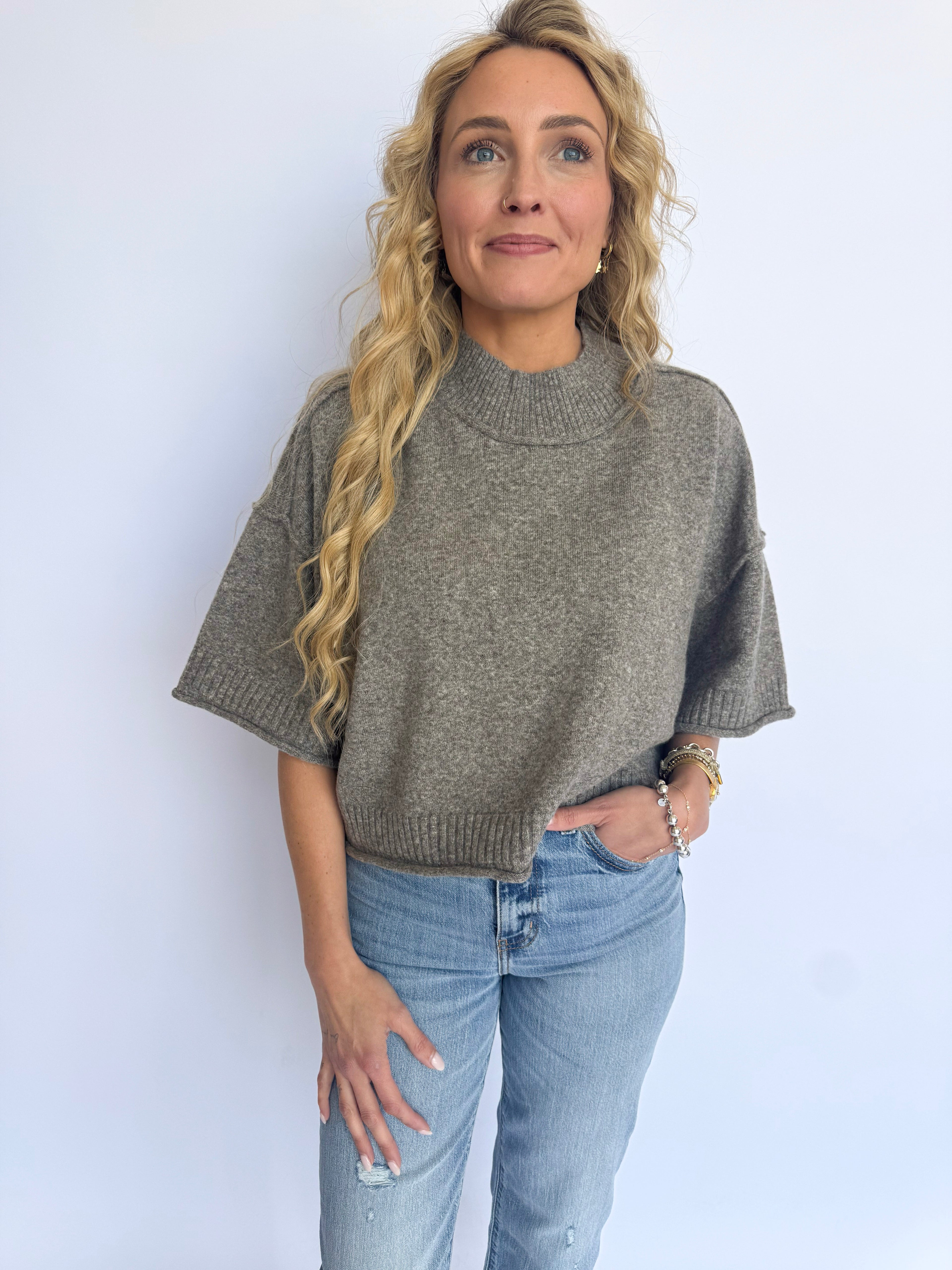 Lilou Mock Neck Short Sleeve Sweater in Charcoal Brown
