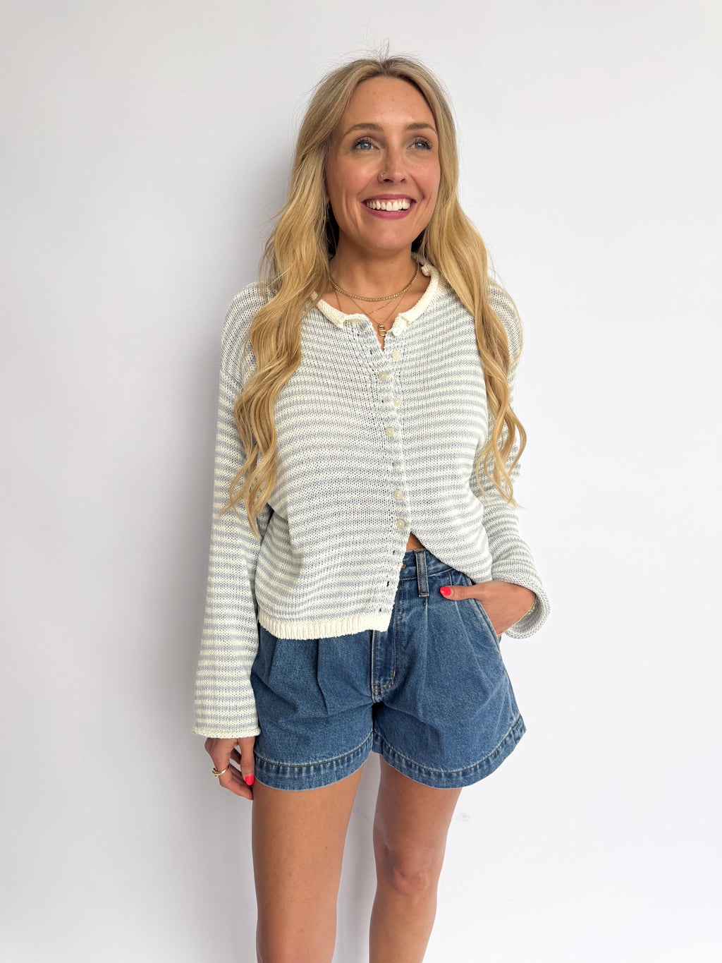 Lennox Striped Knit Cardigan in Sky Blue + White