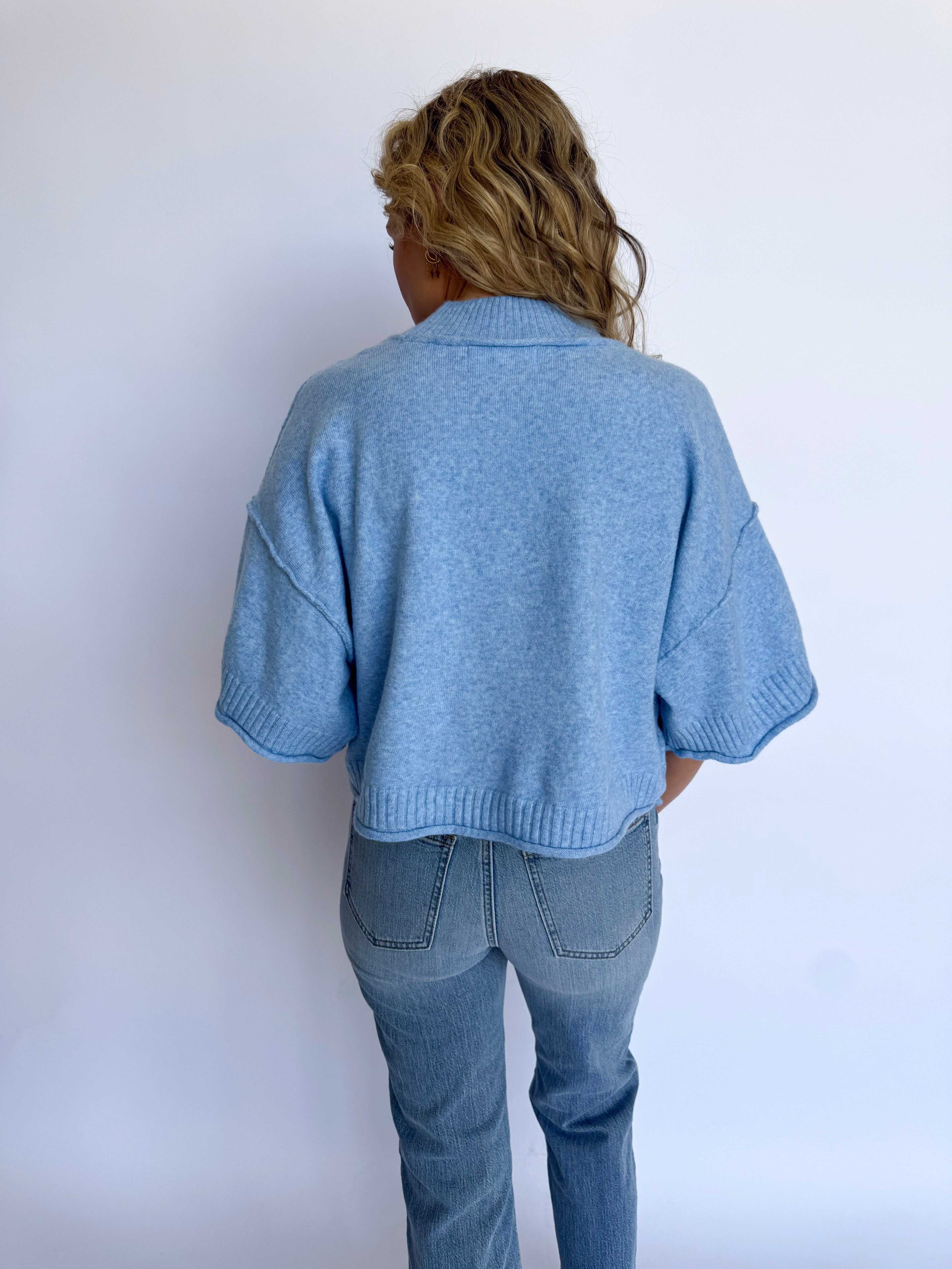 Lilou Mock Neck Short Sleeve Sweater in Ocean Blue
