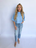 Lilou Mock Neck Short Sleeve Sweater in Ocean Blue